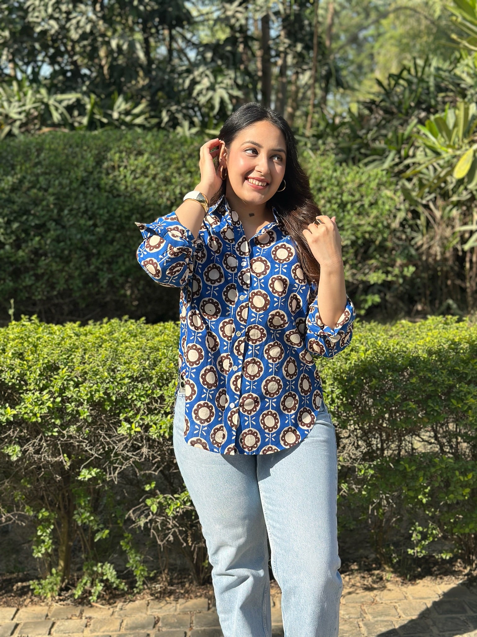 Abstract Floral Blue Brown Shirt