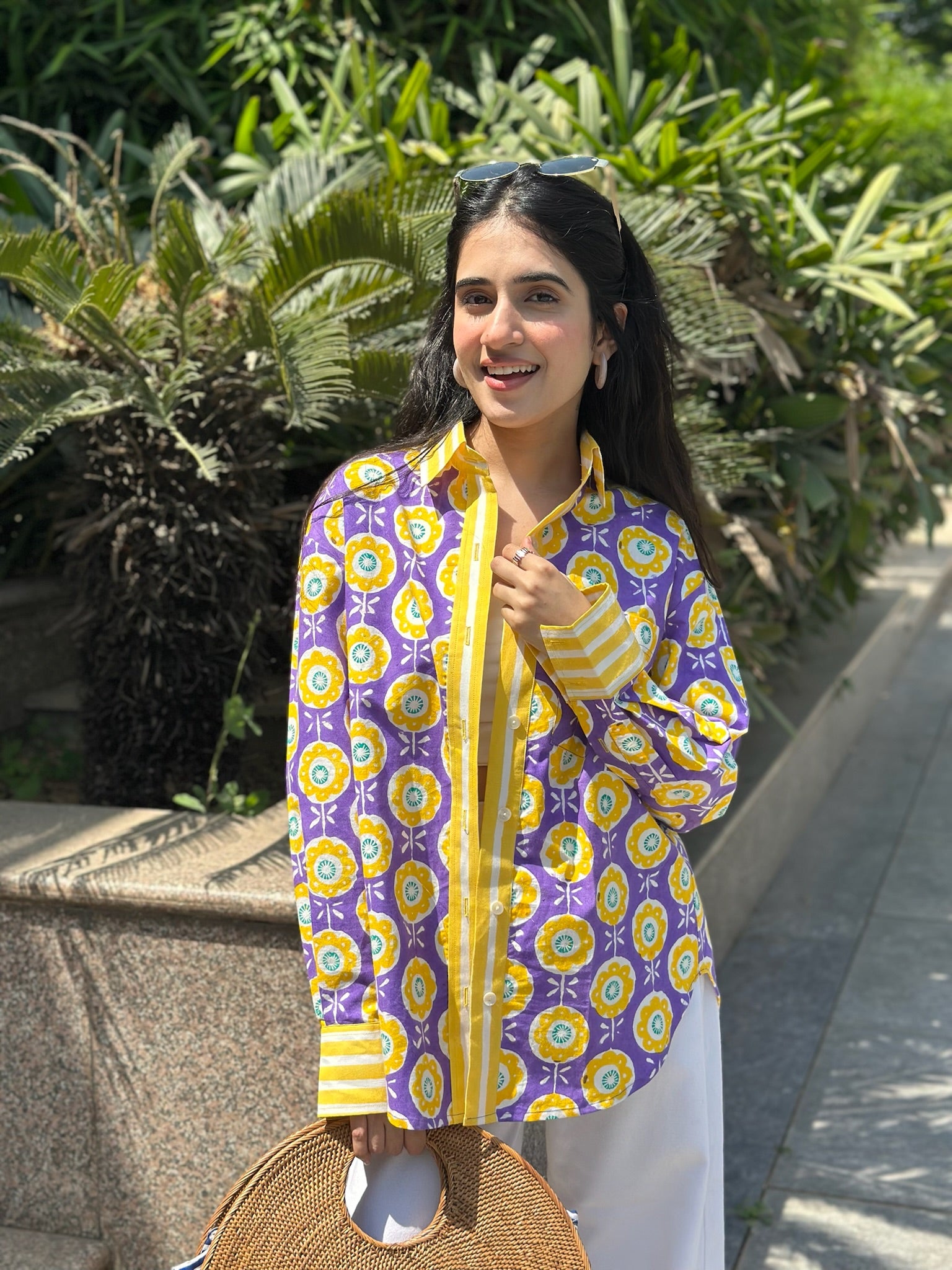 Abstract Floral Yellow Purple Shirt