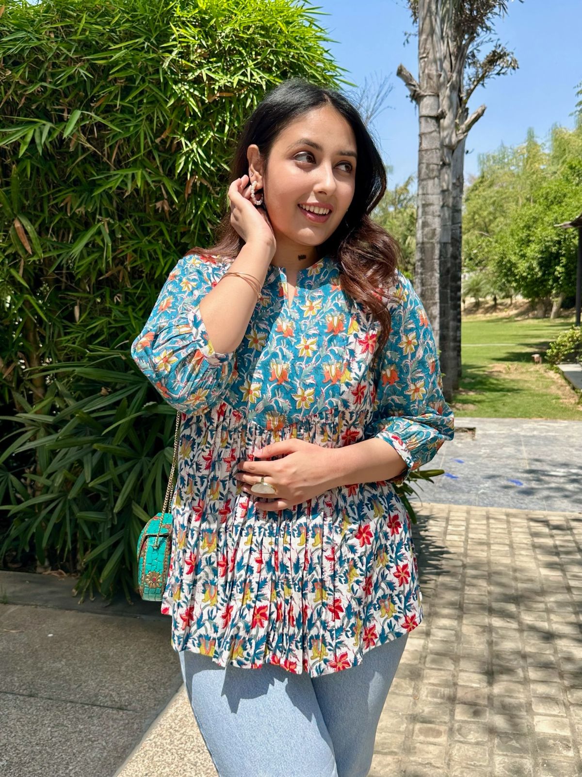 Floral White Gather Short Kurti