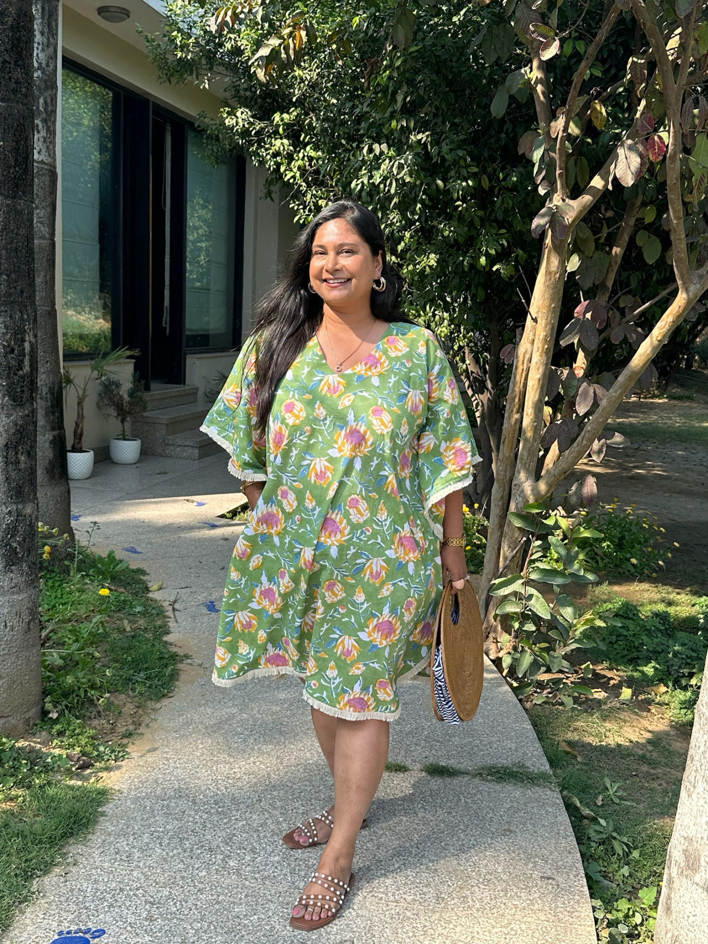 Green Floral Kaftan Dress