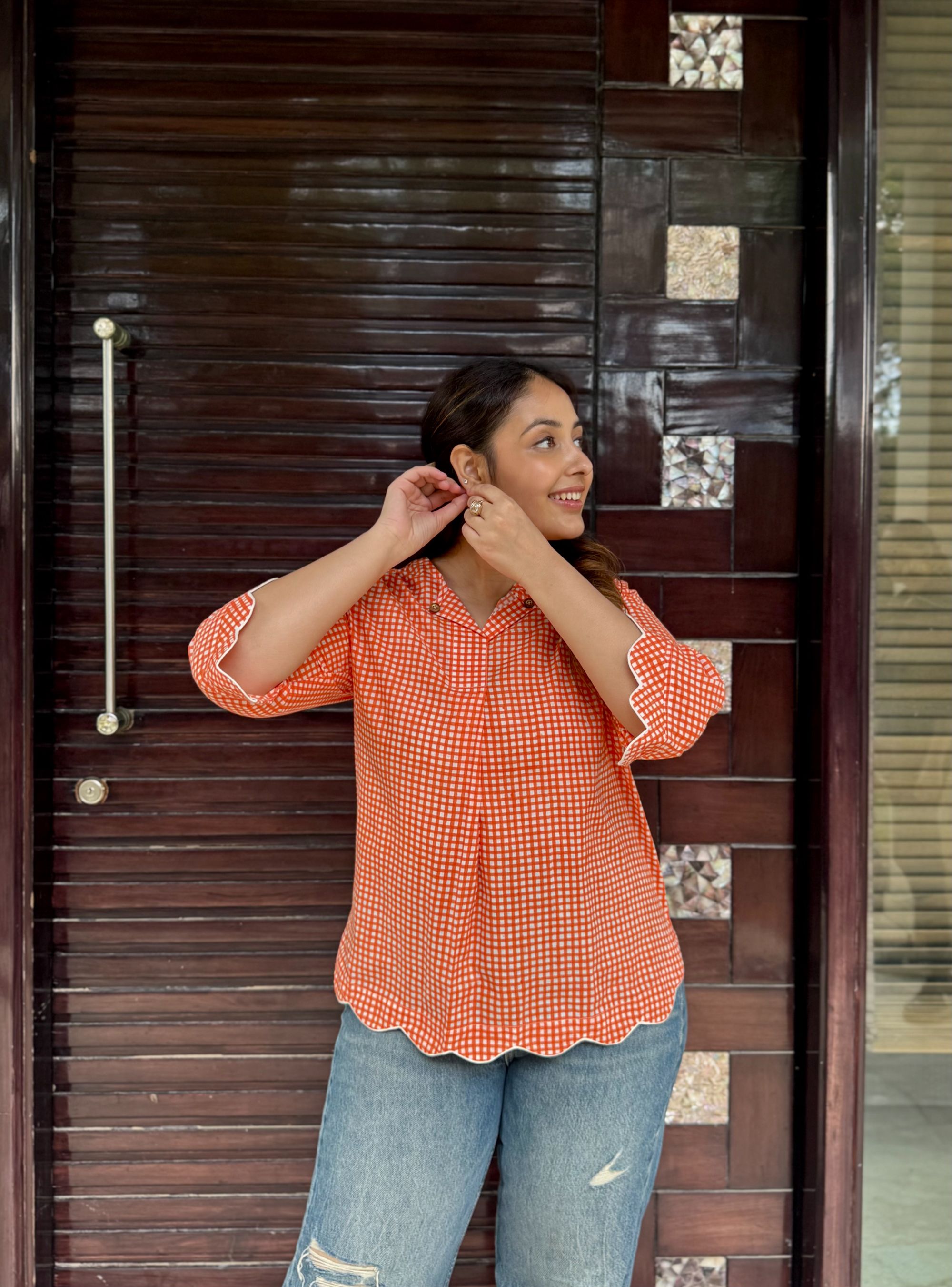 Orange Gingham Scallop Top