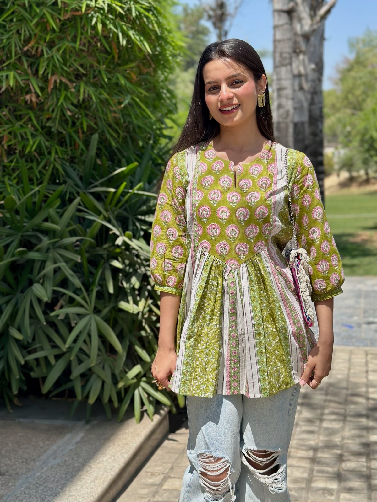 Parrot Green Gather Short Kurti
