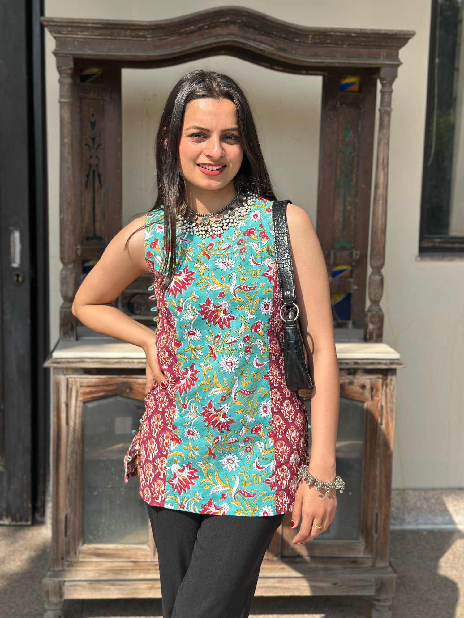 Red Teal Halter Short Kurti