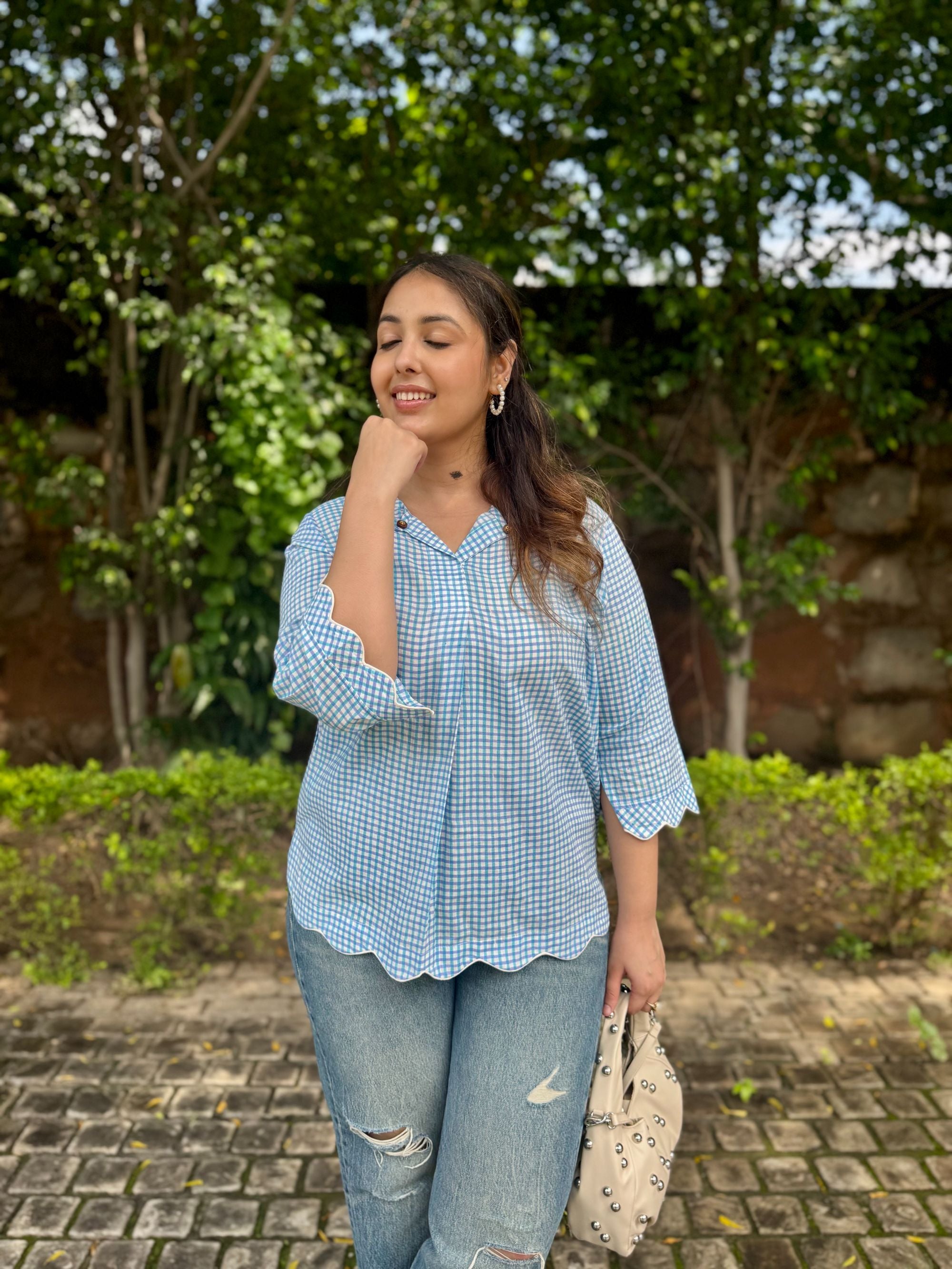 Turquoise Blue Gingham Scallop Top