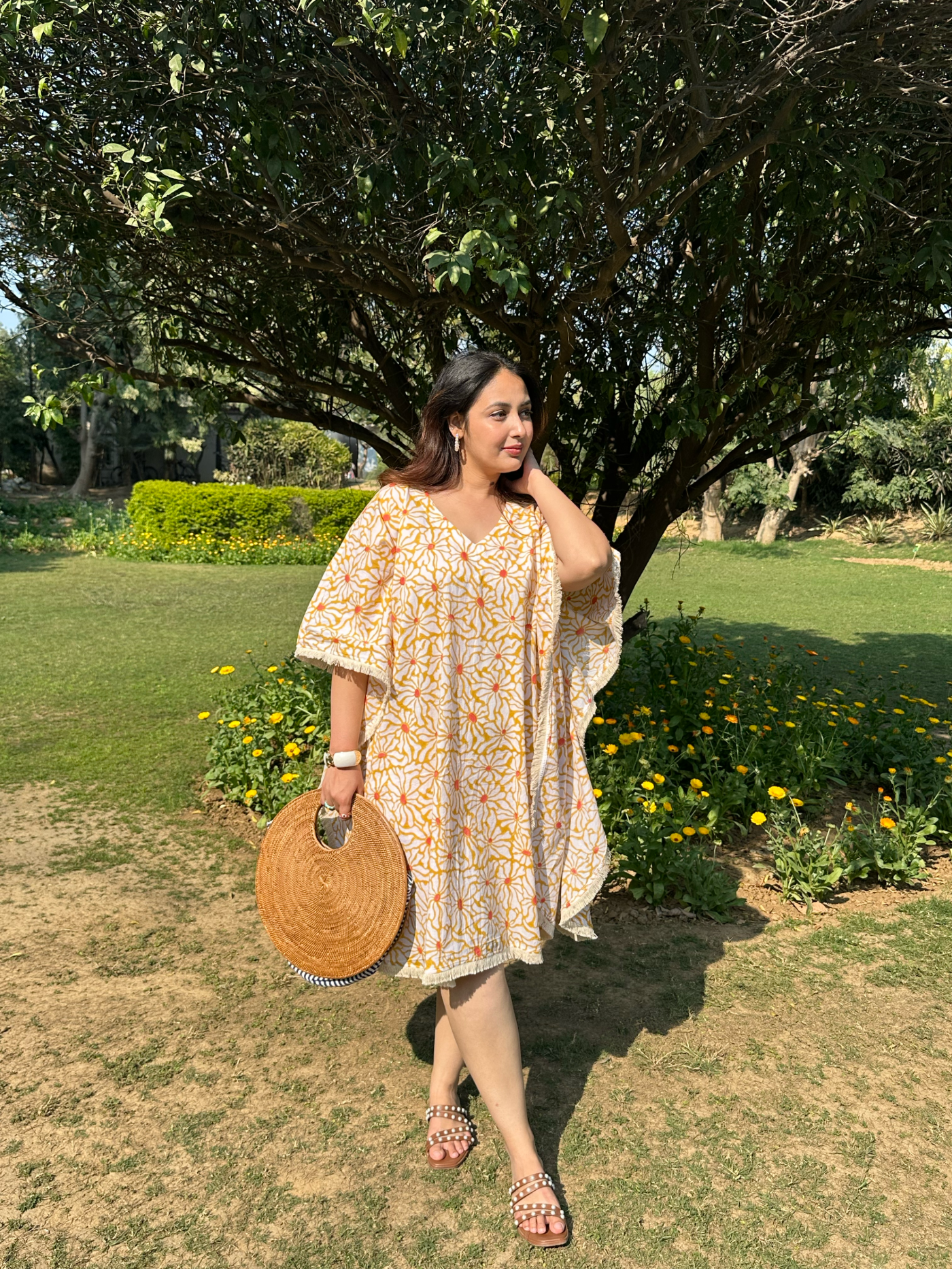 Yellow Abstract Floral Kaftan Dress