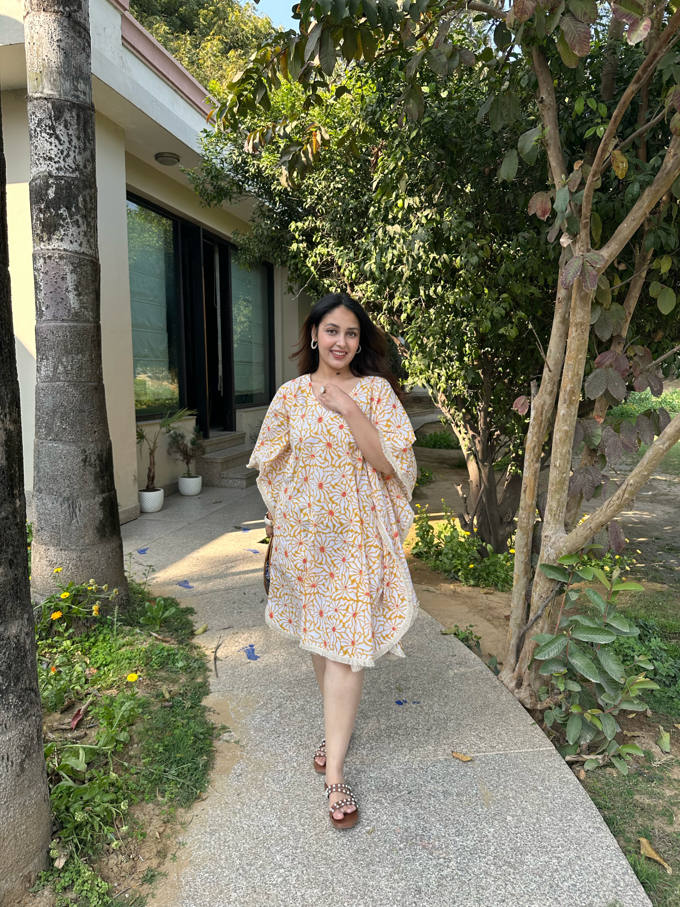 Yellow Abstract Floral Kaftan Dress
