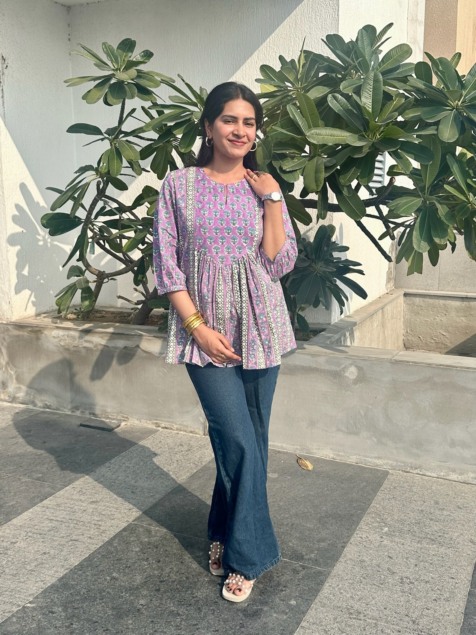 Floral Mauve Gather Short Kurti