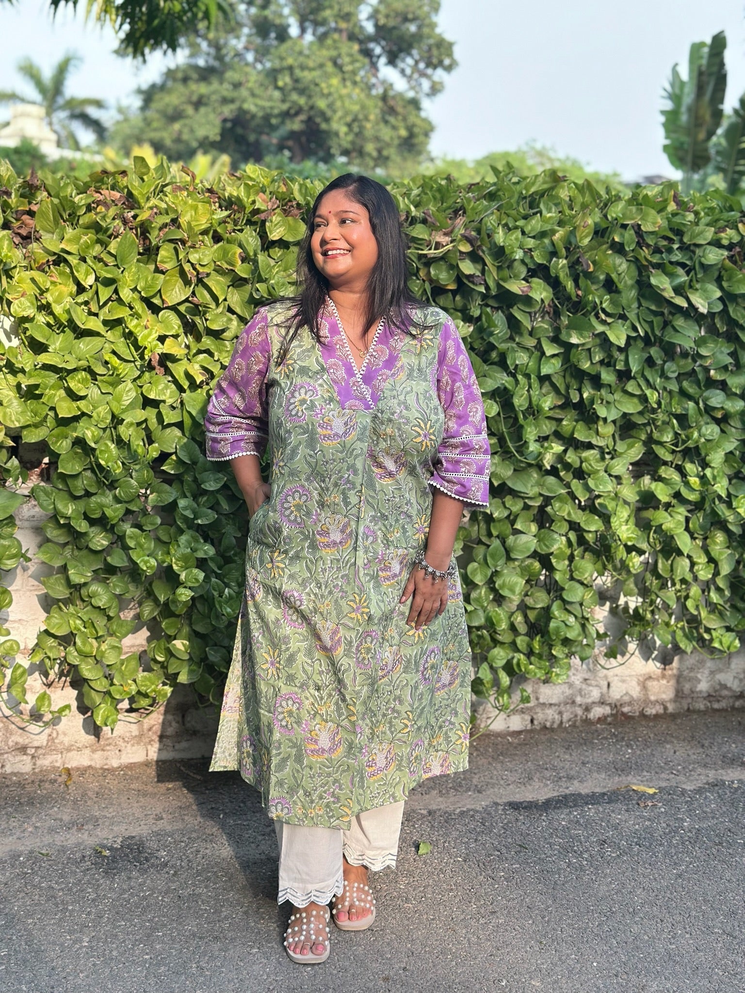 Green Purple Front Pleat Kurta