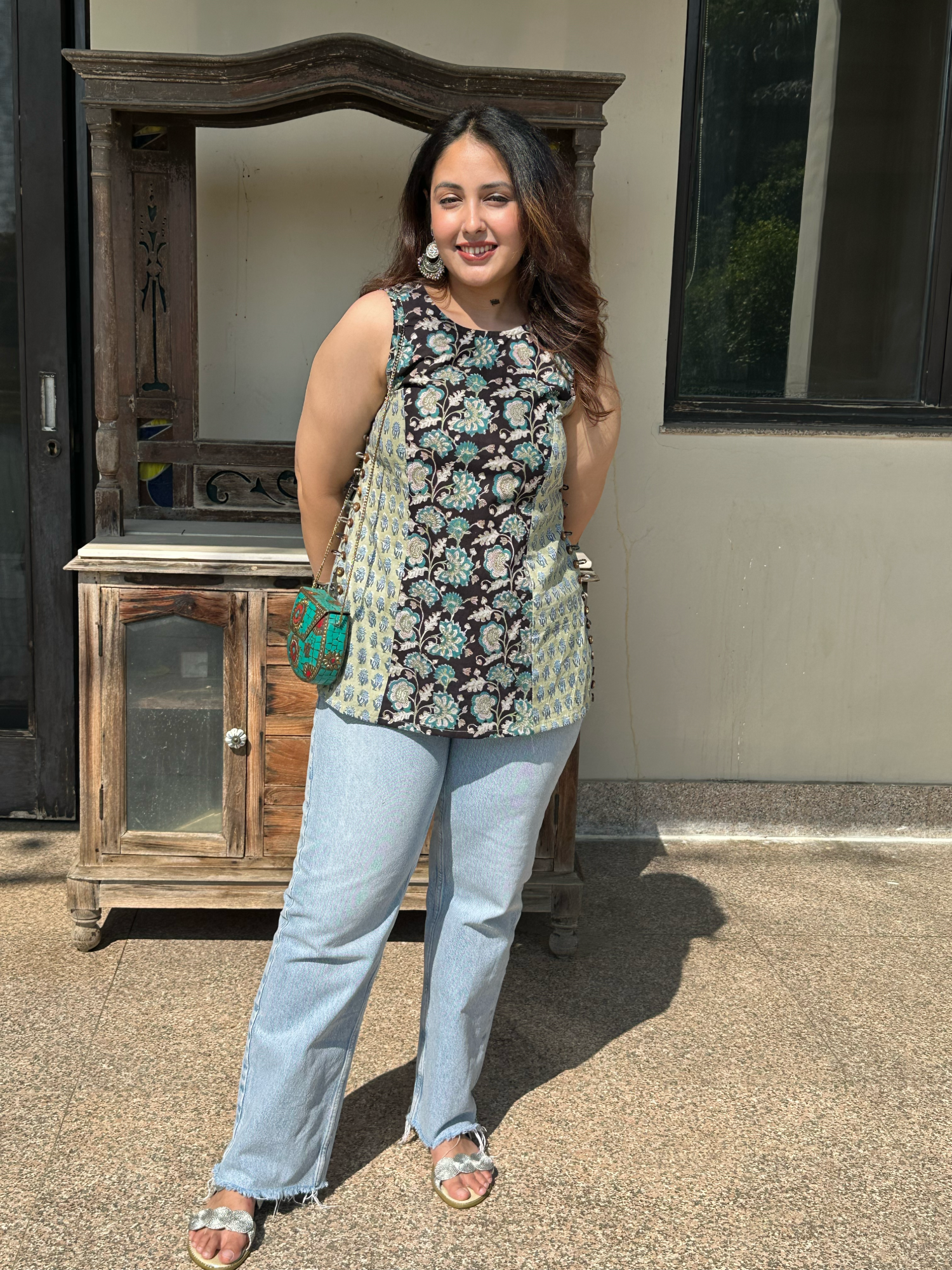 Teal Black Halter Short Kurti