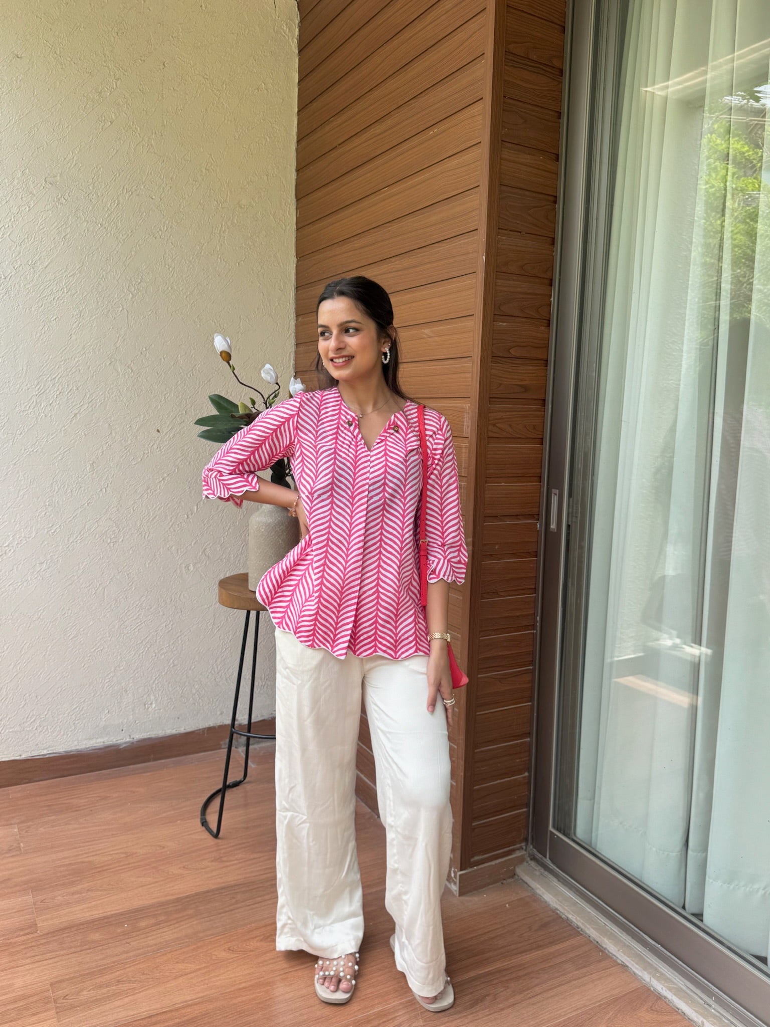Pink Leaf Scallop Top
