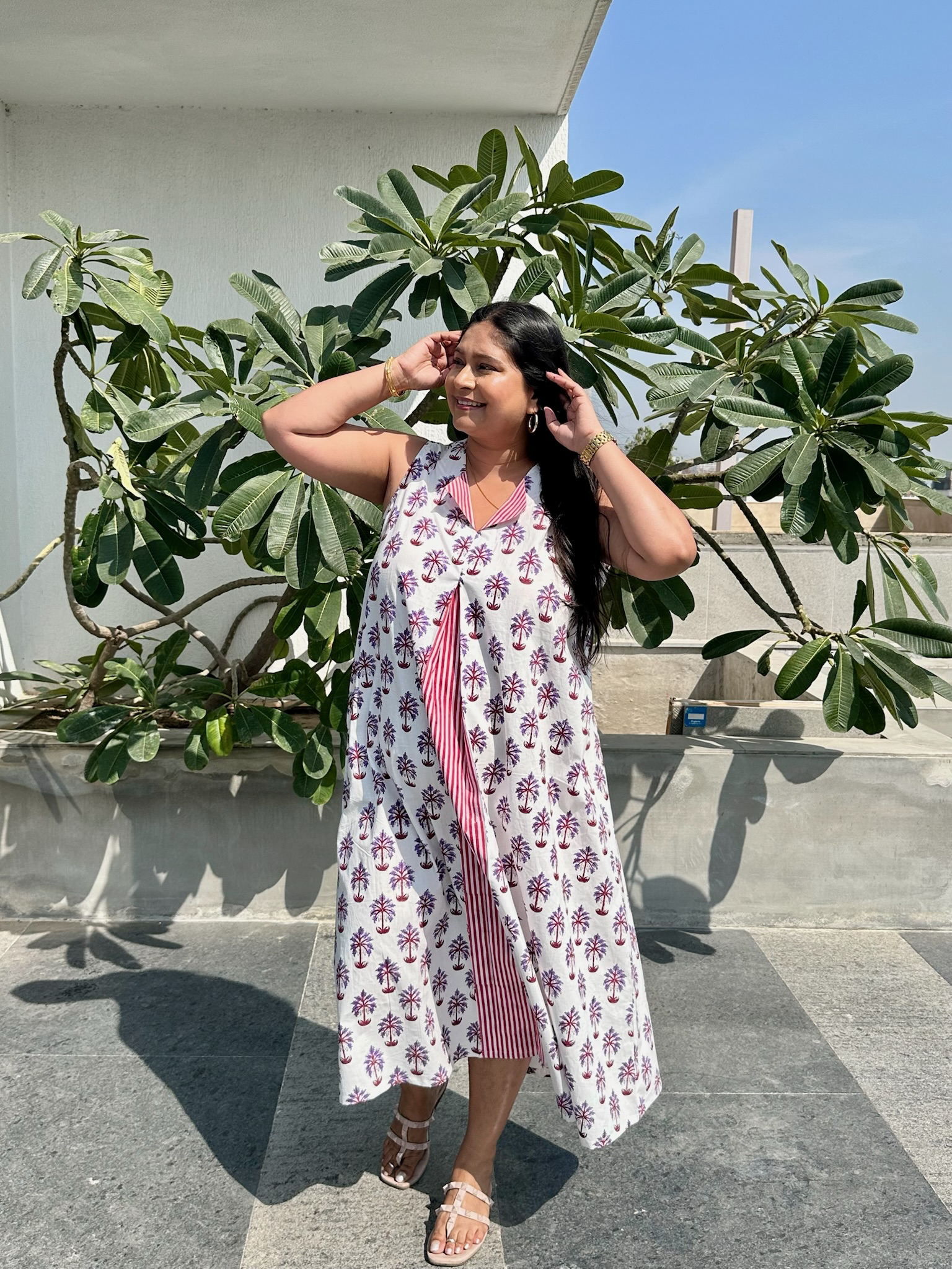 Palm Leaves Red and Purple Midi Dress