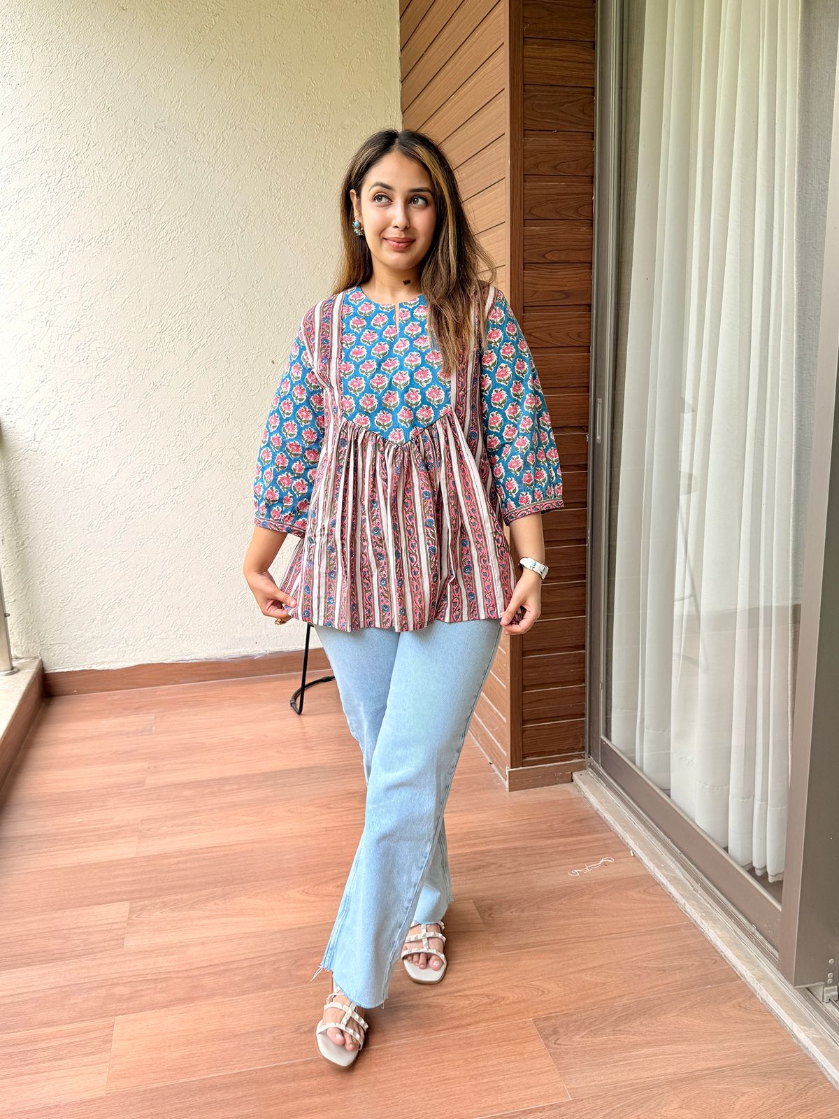 Mineral Blue Gather Short Kurti