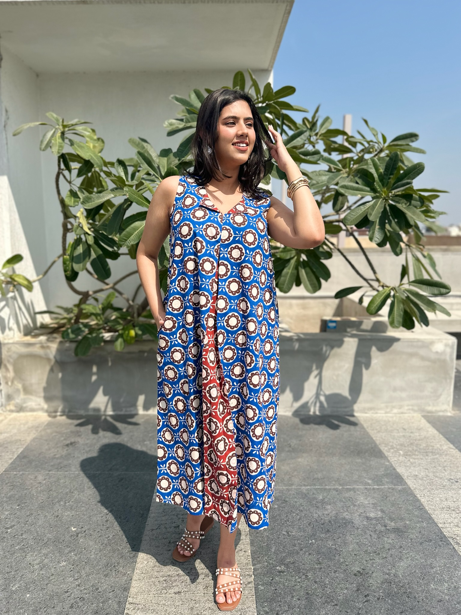 Abstract Floral Red Blue Midi Dress