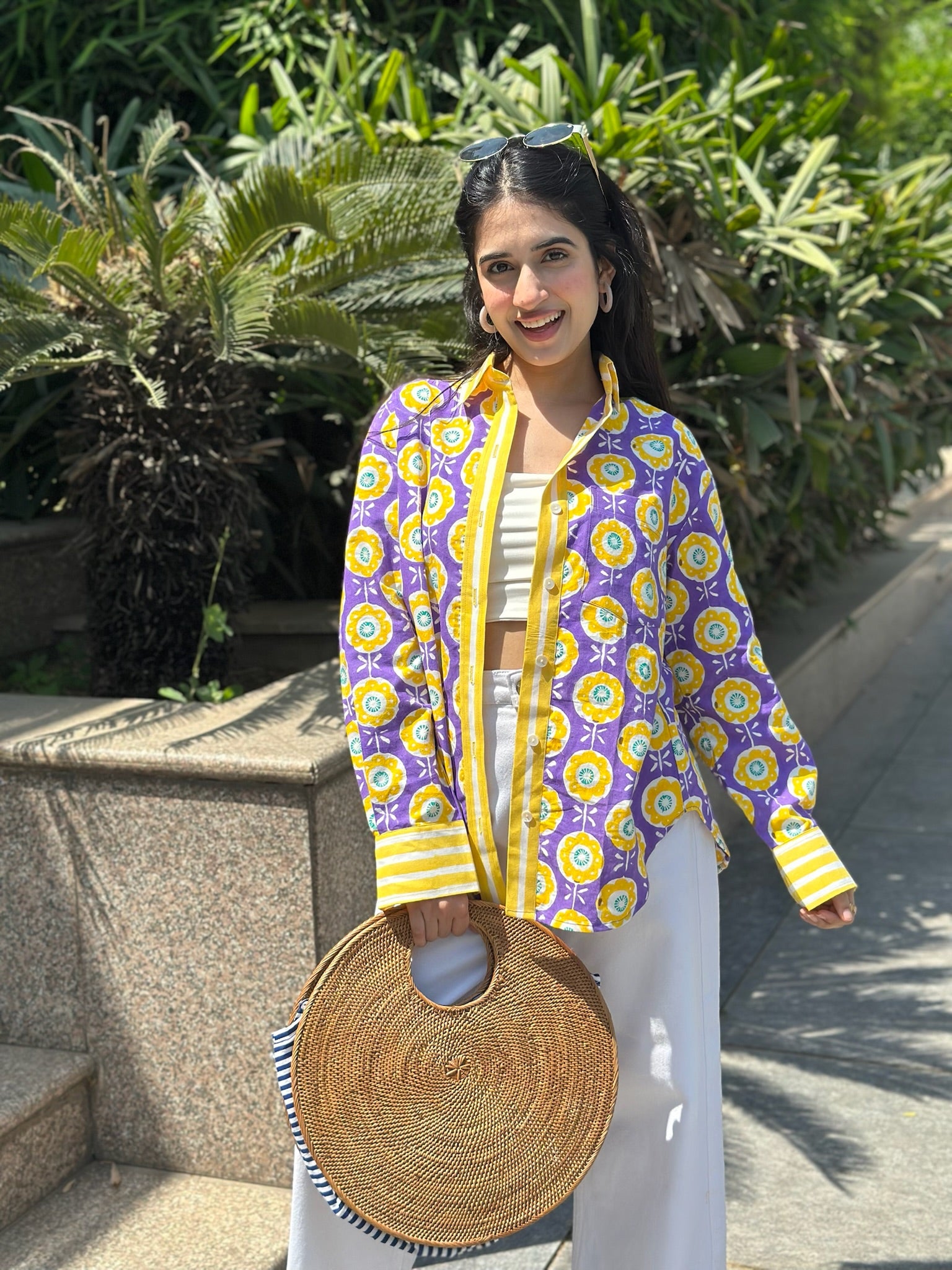 Abstract Floral Yellow Purple Shirt