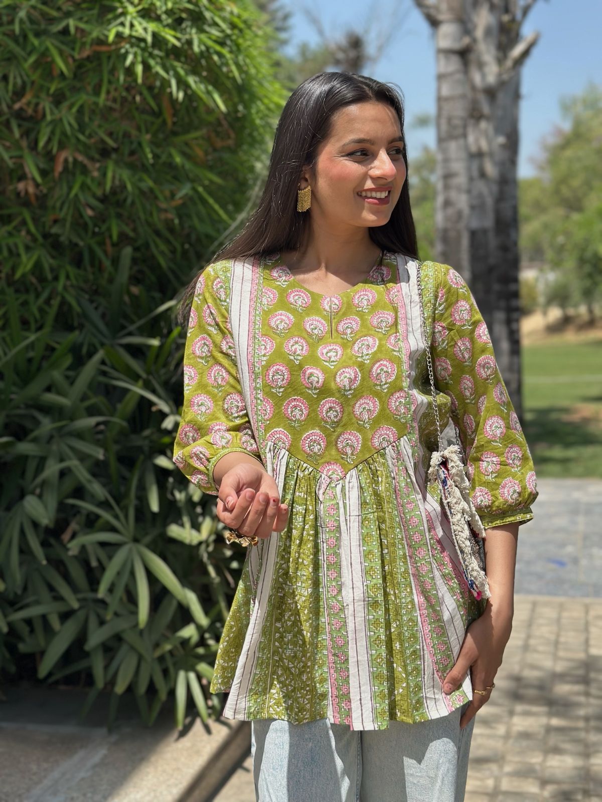 Parrot Green Gather Short Kurti