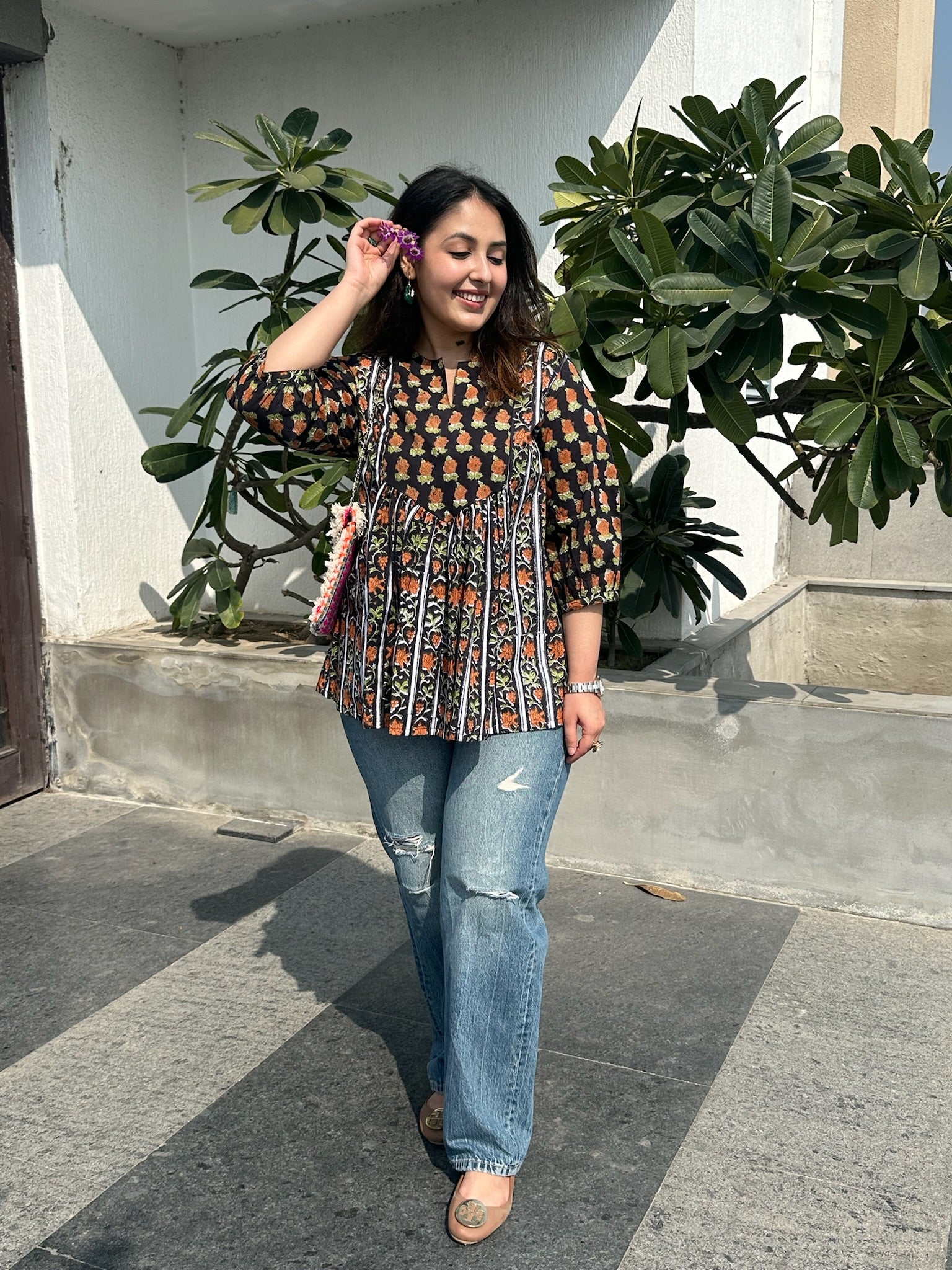 Black Narangi Gather Short Kurti