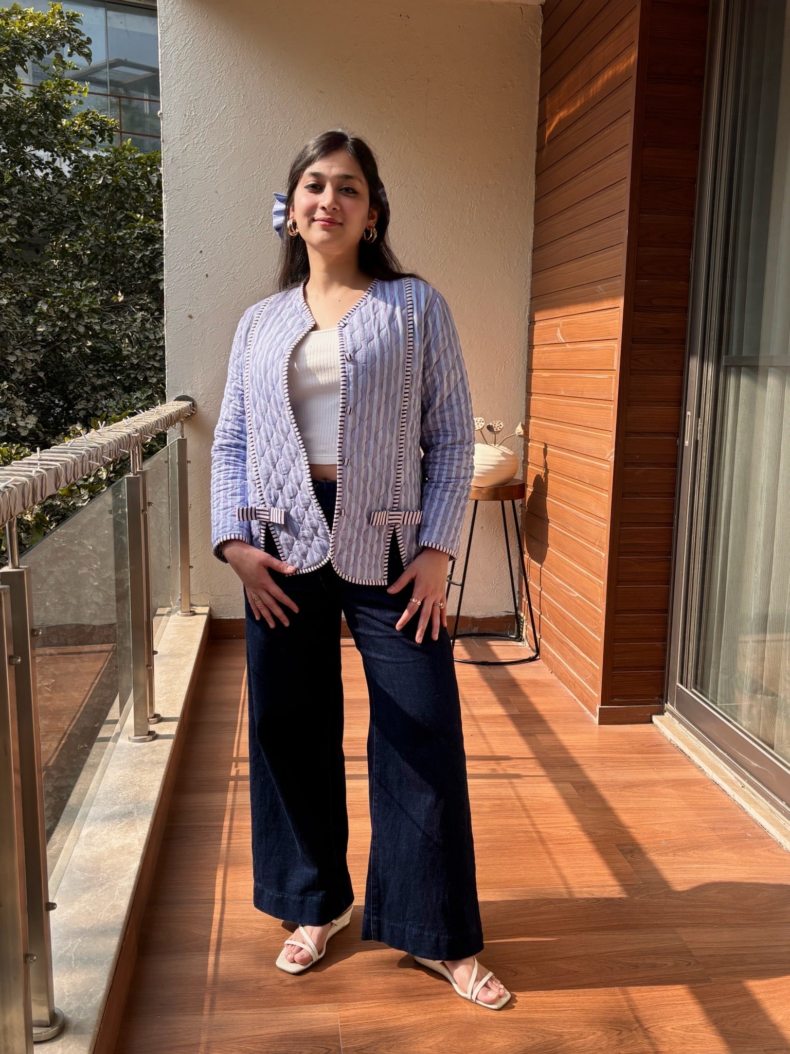 Misty Blue Bow Quilted Jacket