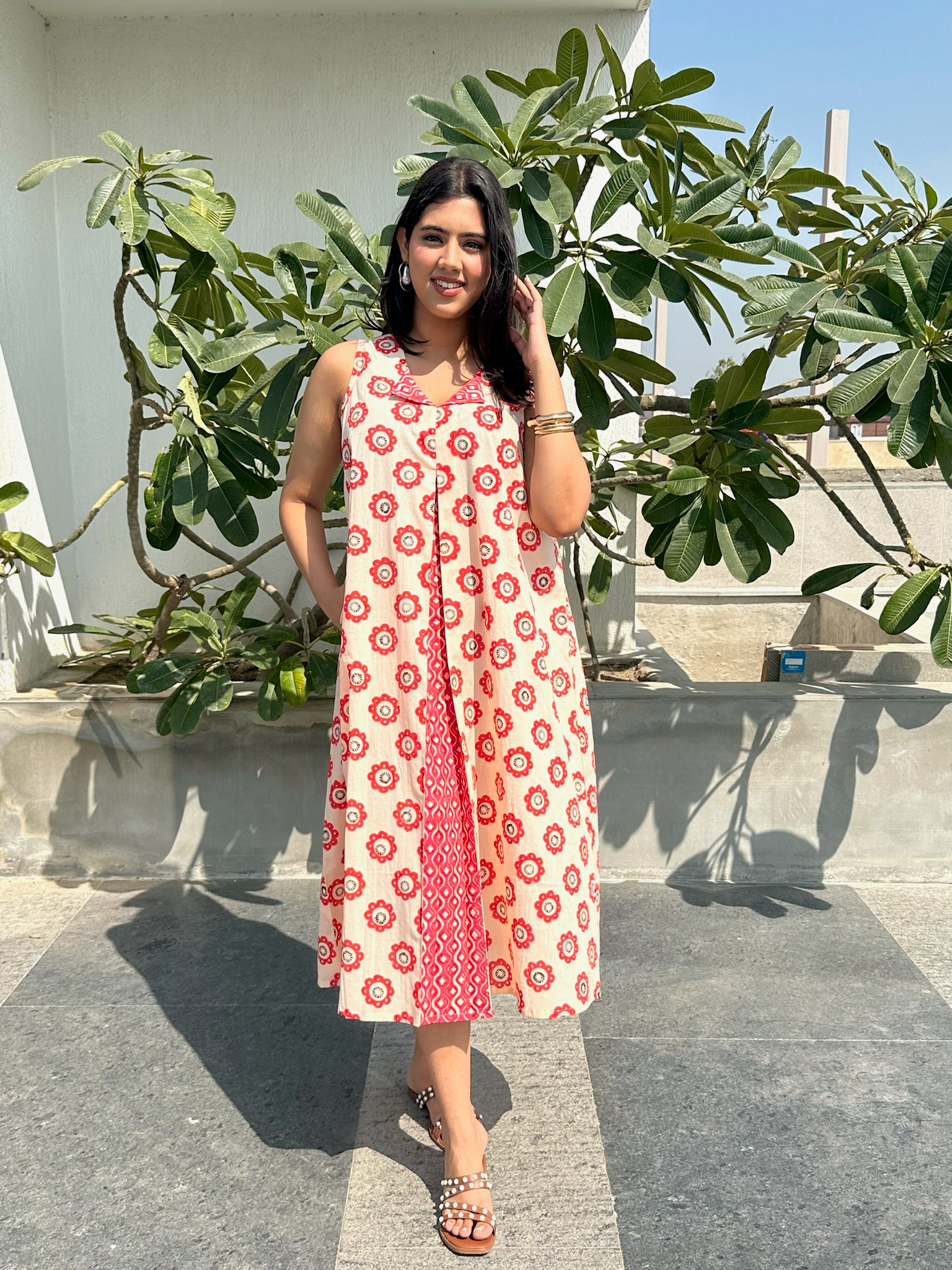 Abstract Floral Red Ivory Midi Dress
