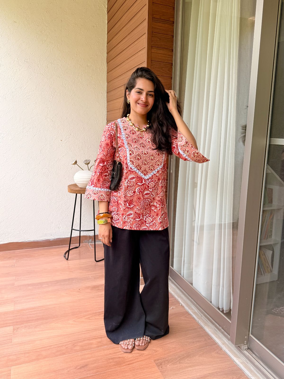 Surkh Yoke Lace Short Kurti