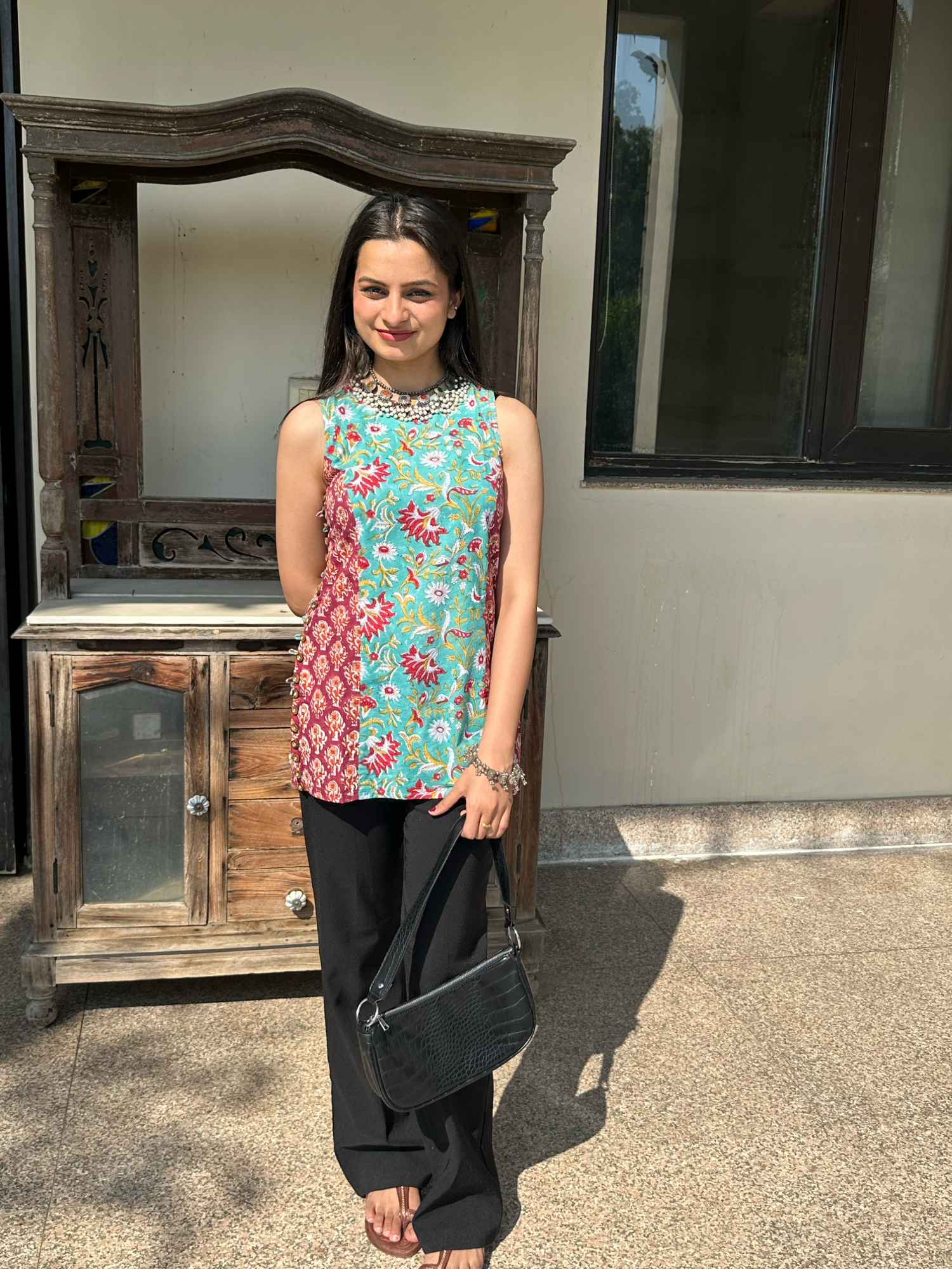 Red Teal Halter Short Kurti