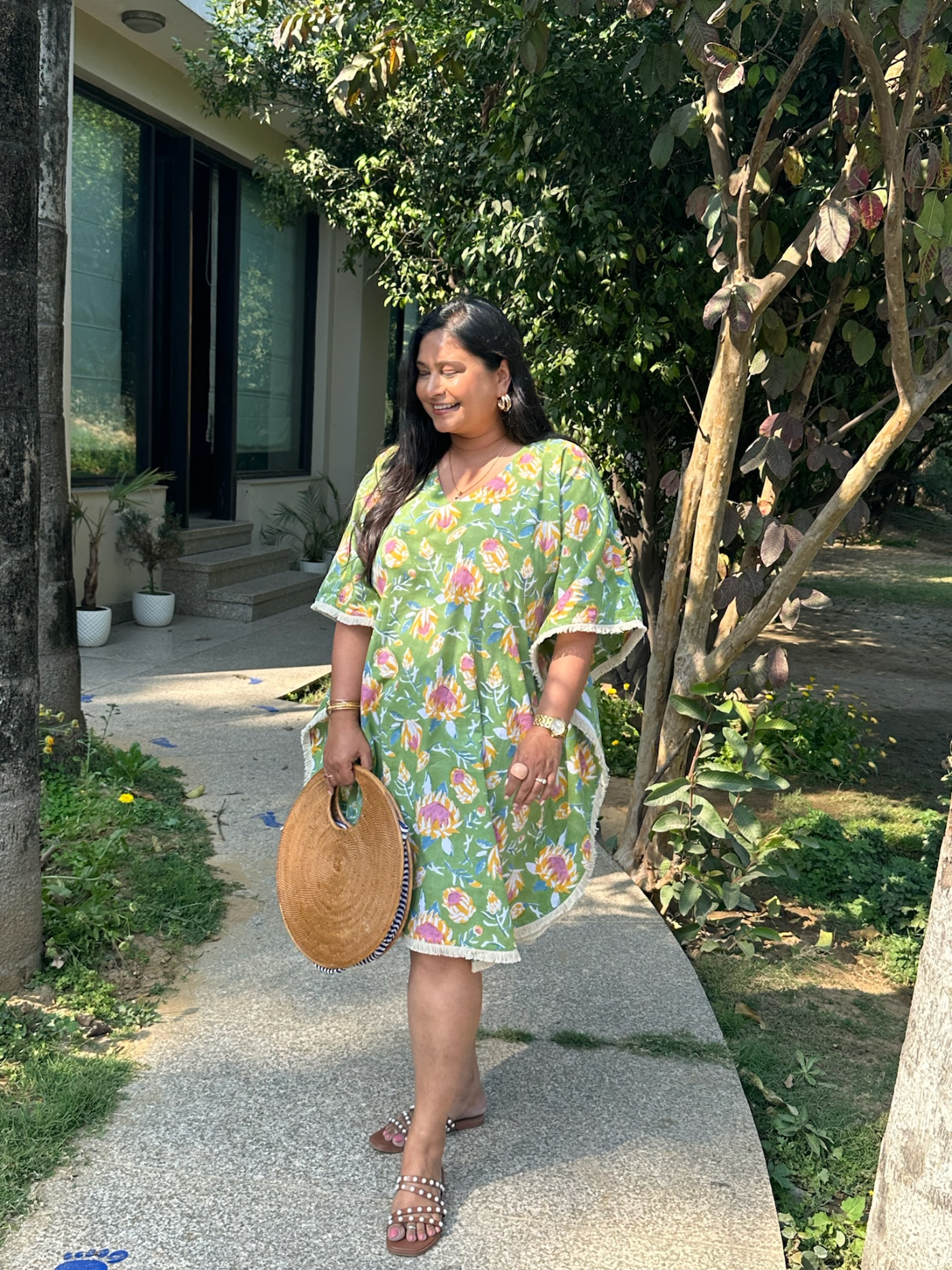 Green Floral Kaftan Dress