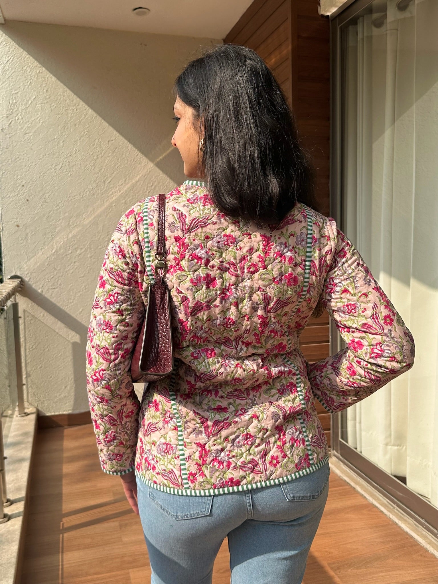 Floral Taupe Bow Quilted Jacket