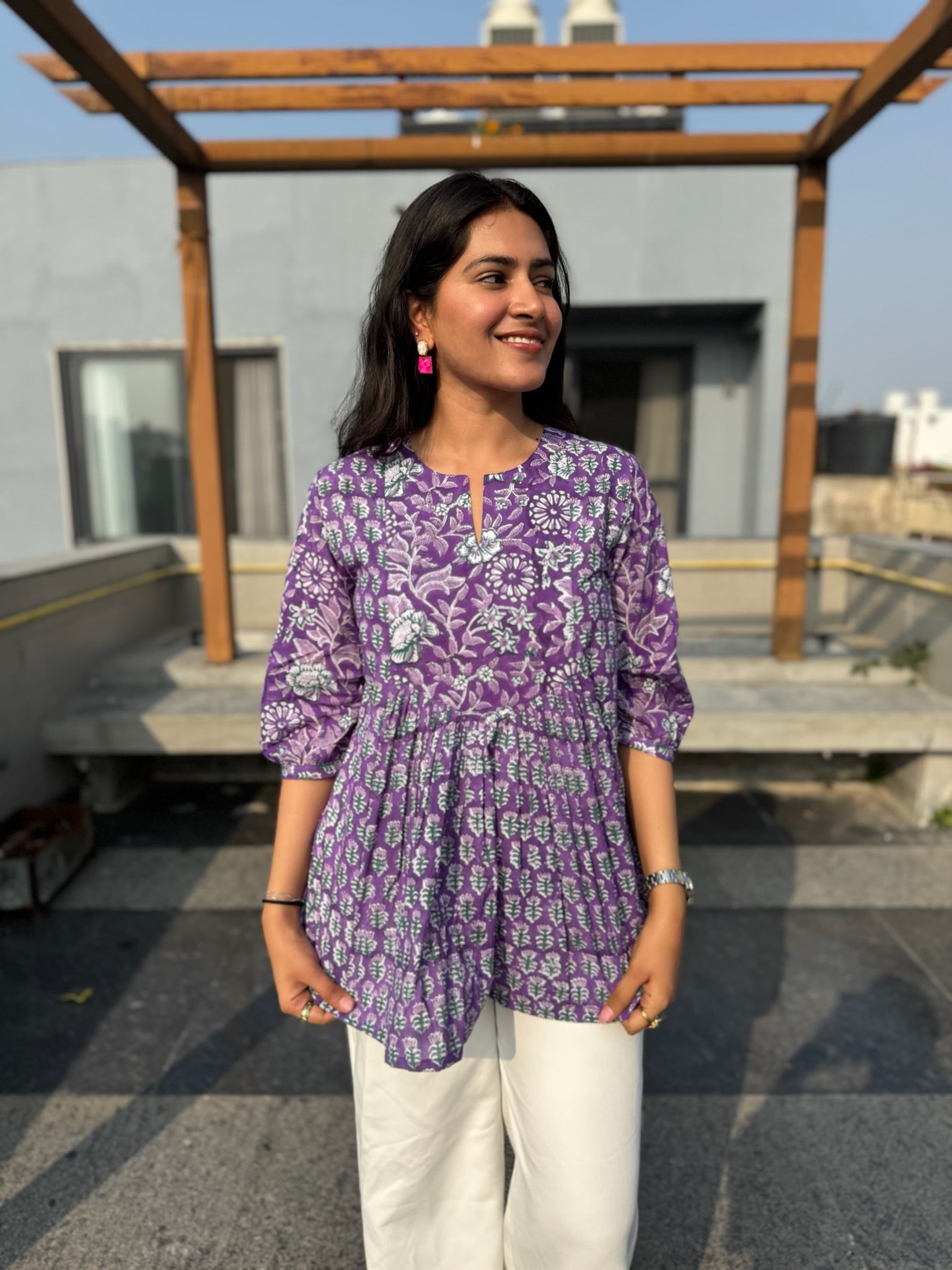 French Purple Gather Short Kurti