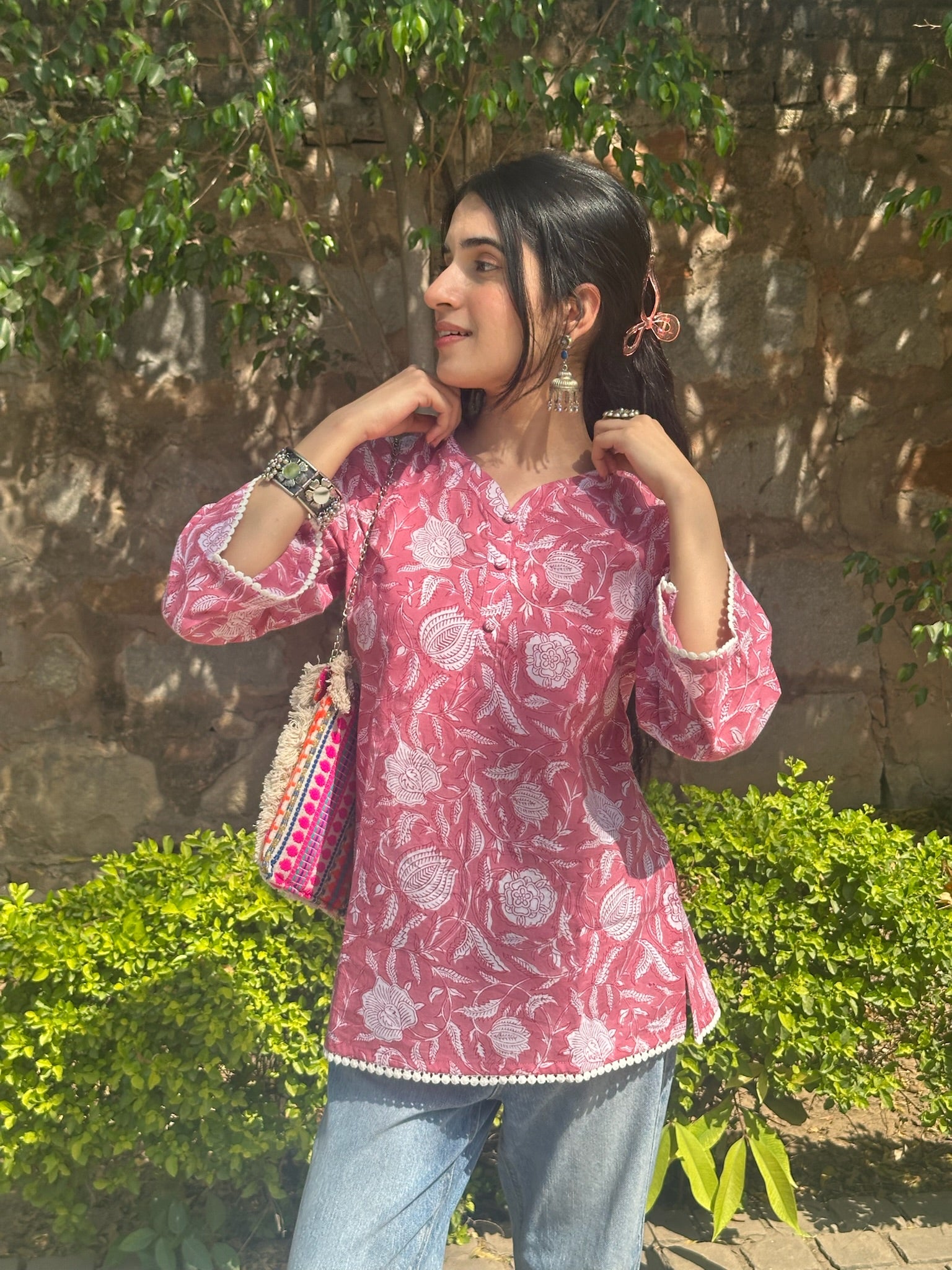 Bubblegum Pink Lace Short Kurti