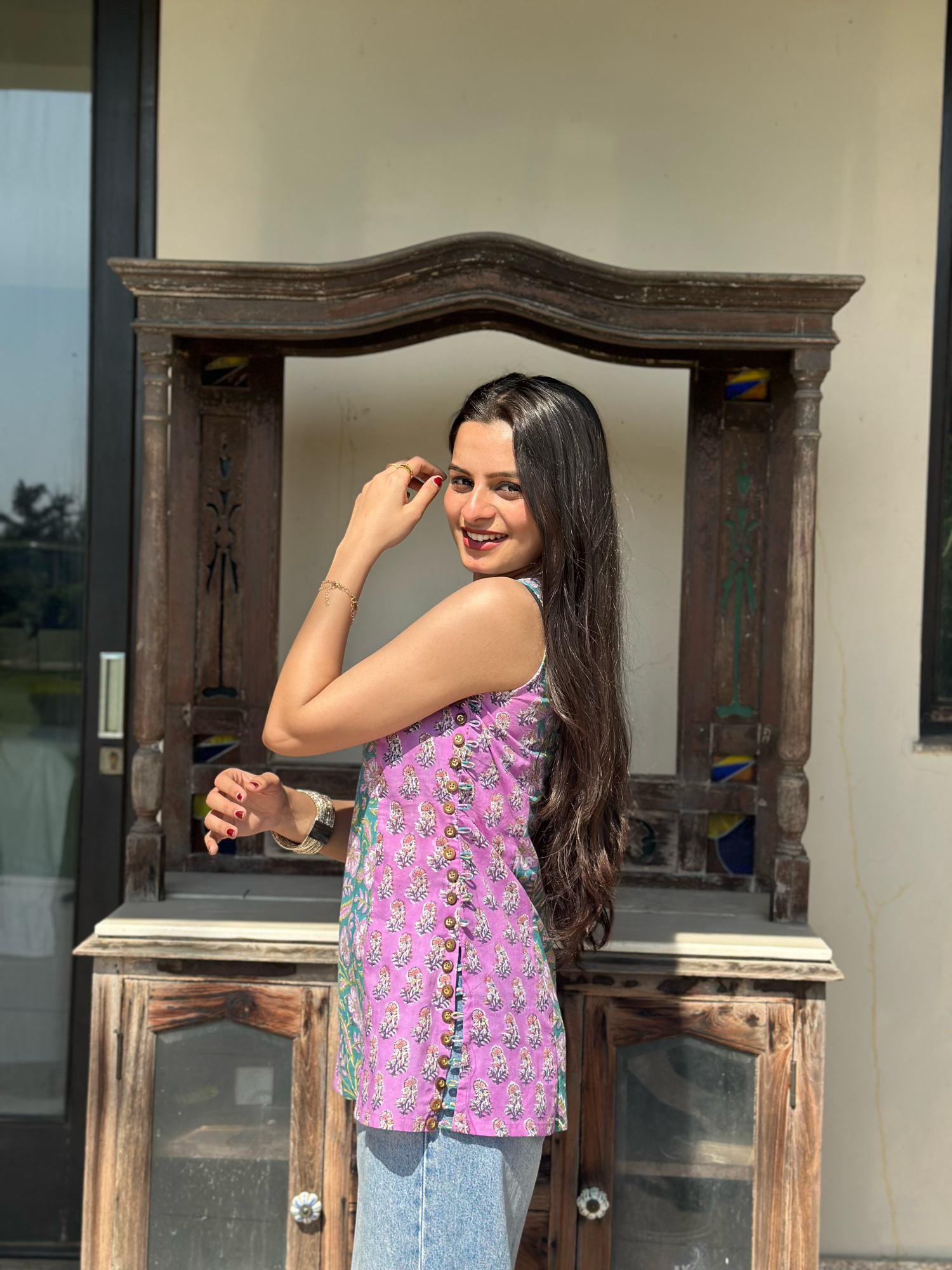 Pink Green Halter Short Kurti