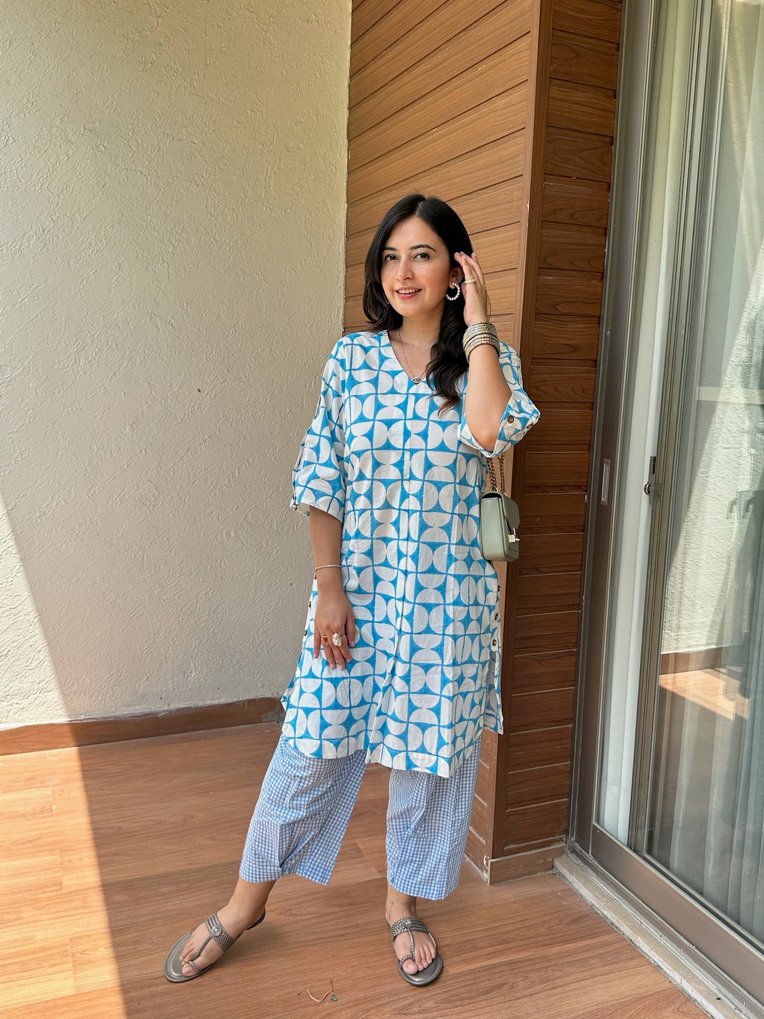 Geometric Blue Side Placket Boxy Co-Ord Set