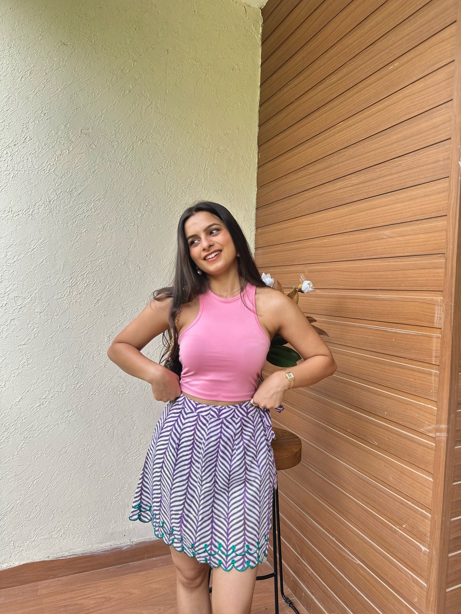 Plum Green Leafy Embroidery Skort