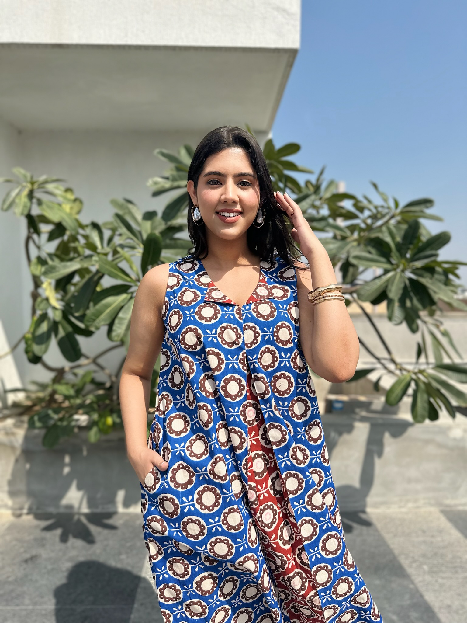 Abstract Floral Red Blue Midi Dress