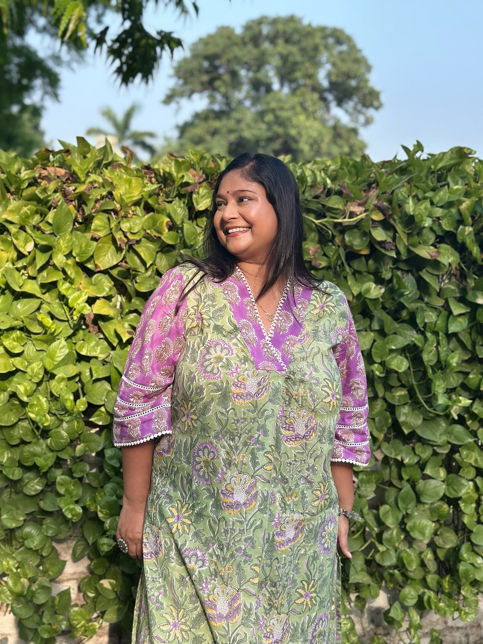 Green Purple Front Pleat Kurta