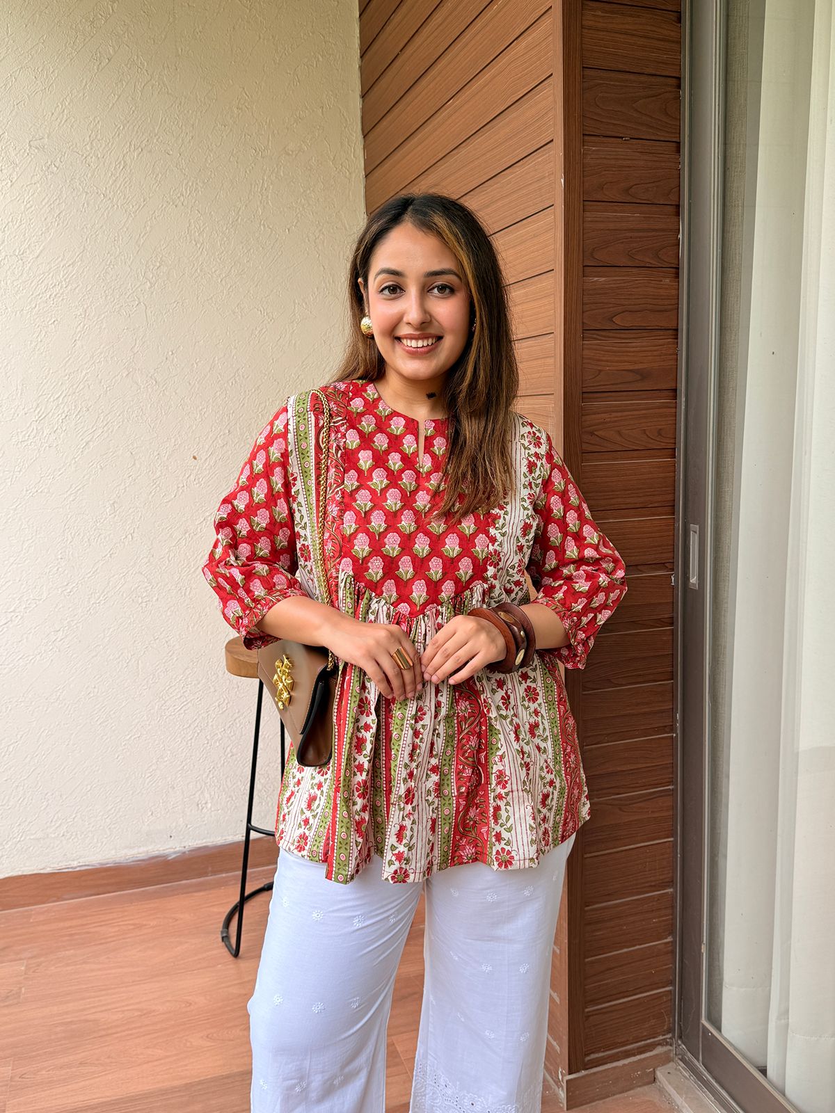 Cardinal Feather Red Gather Short Kurti