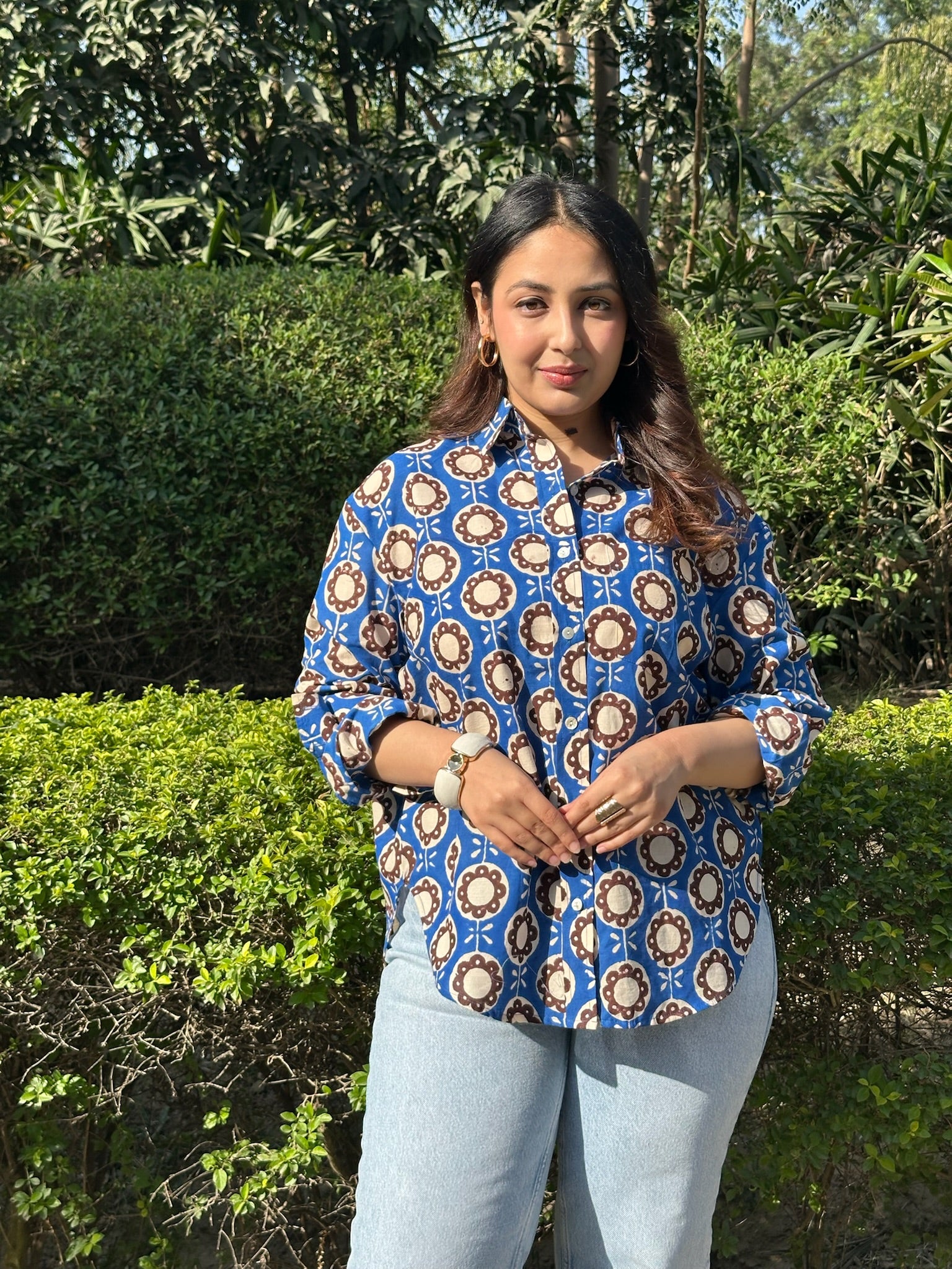 Abstract Floral Blue Brown Shirt