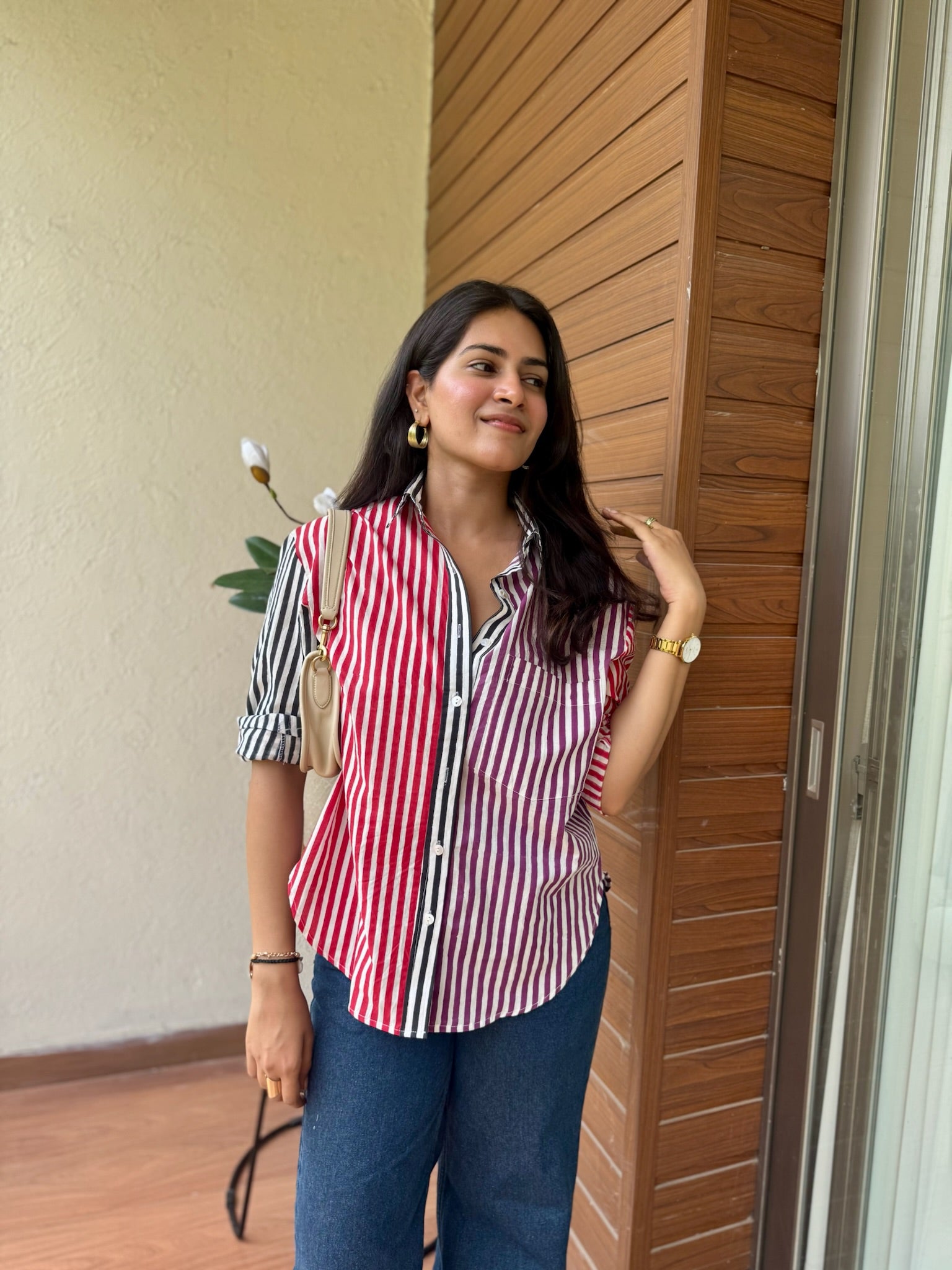 multi black red purple striped shirt