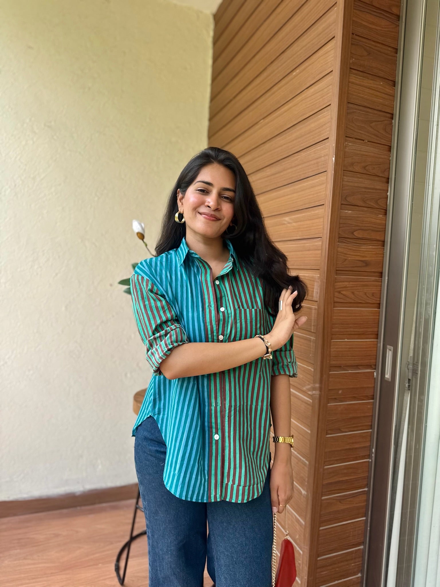 multi maroon blue striped shirt