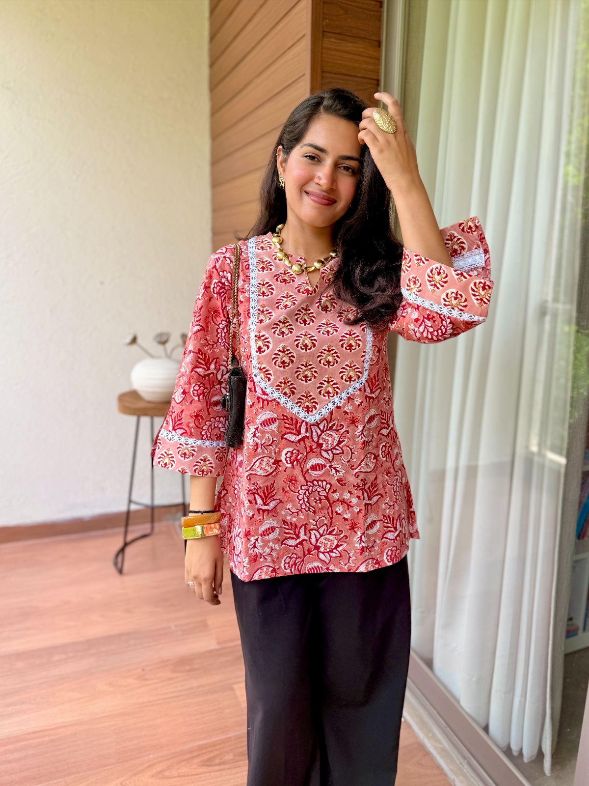 Surkh Yoke Lace Short Kurti
