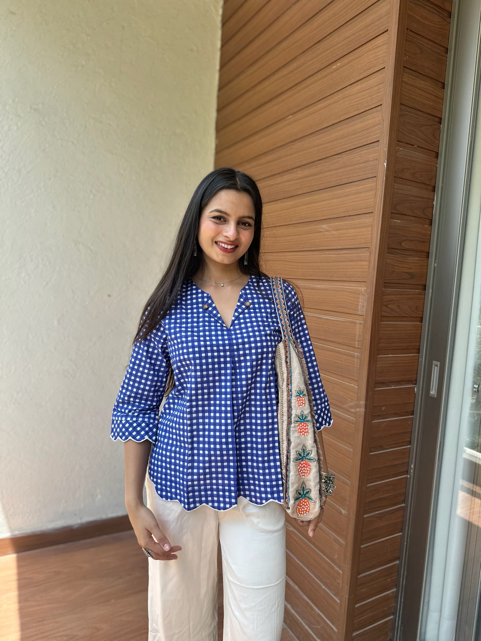 Indigo Gingham Scallop Top