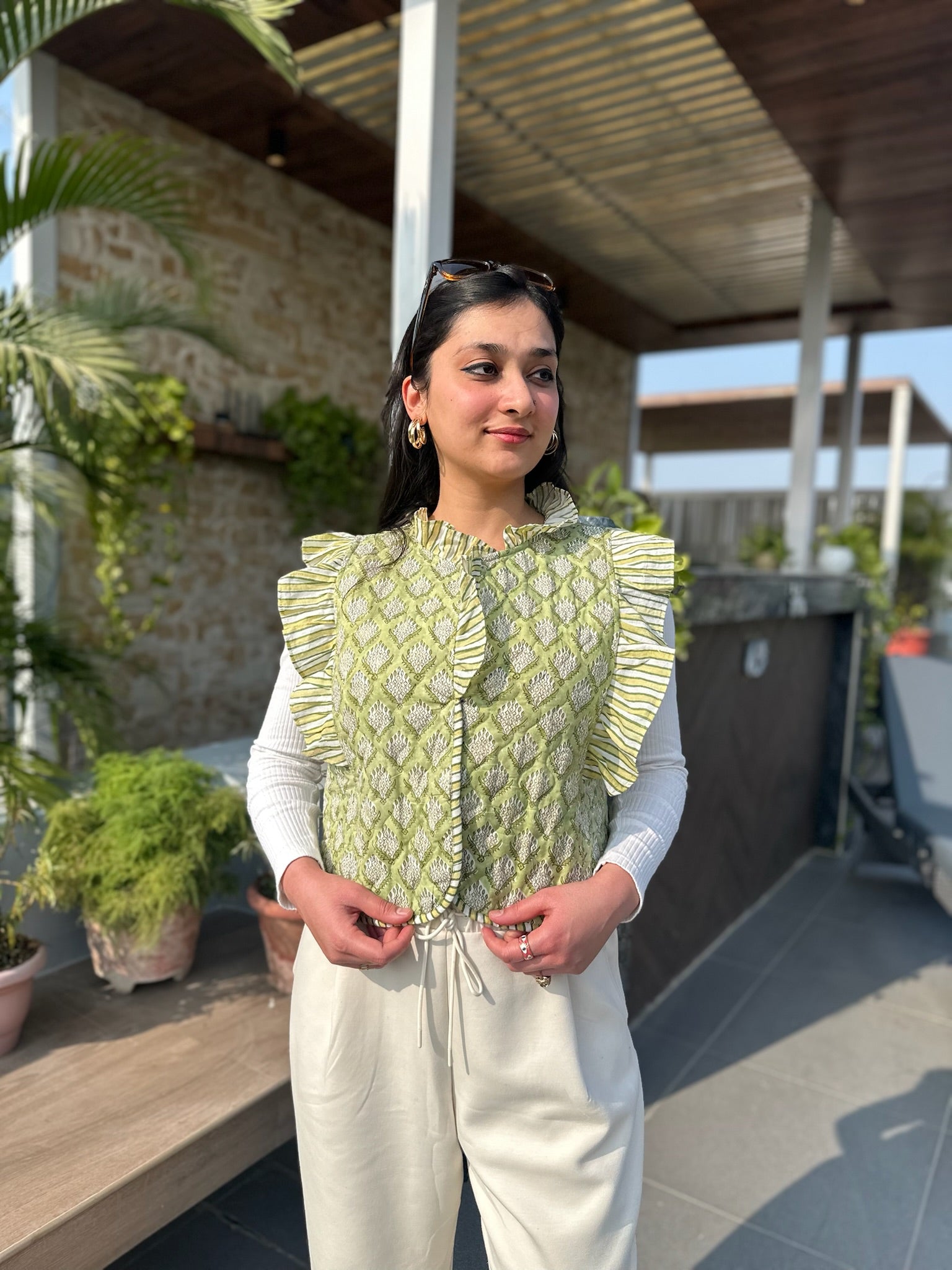 Rich Mehendi Quilted Frill Jacket