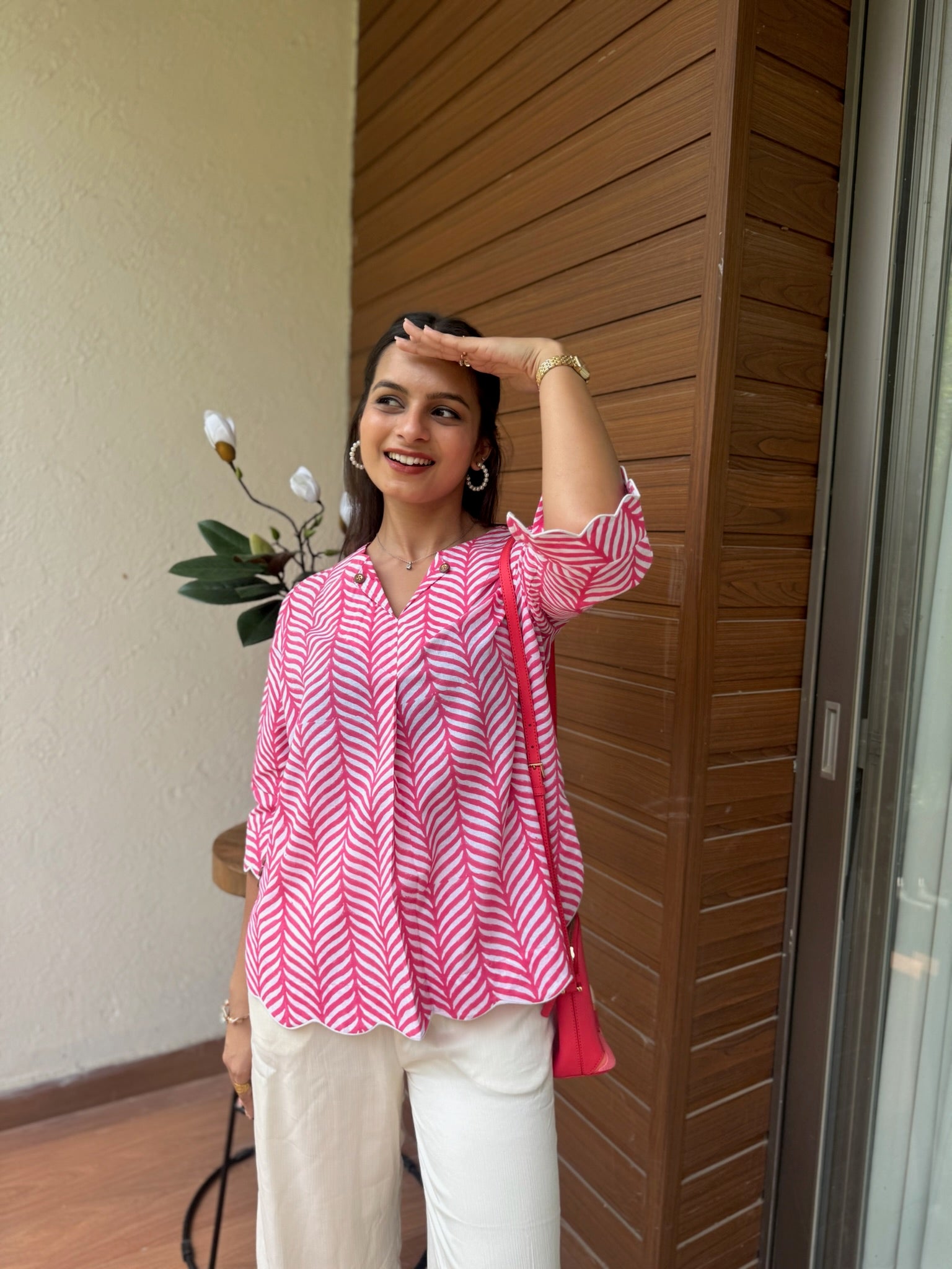 Pink Leaf Scallop Top
