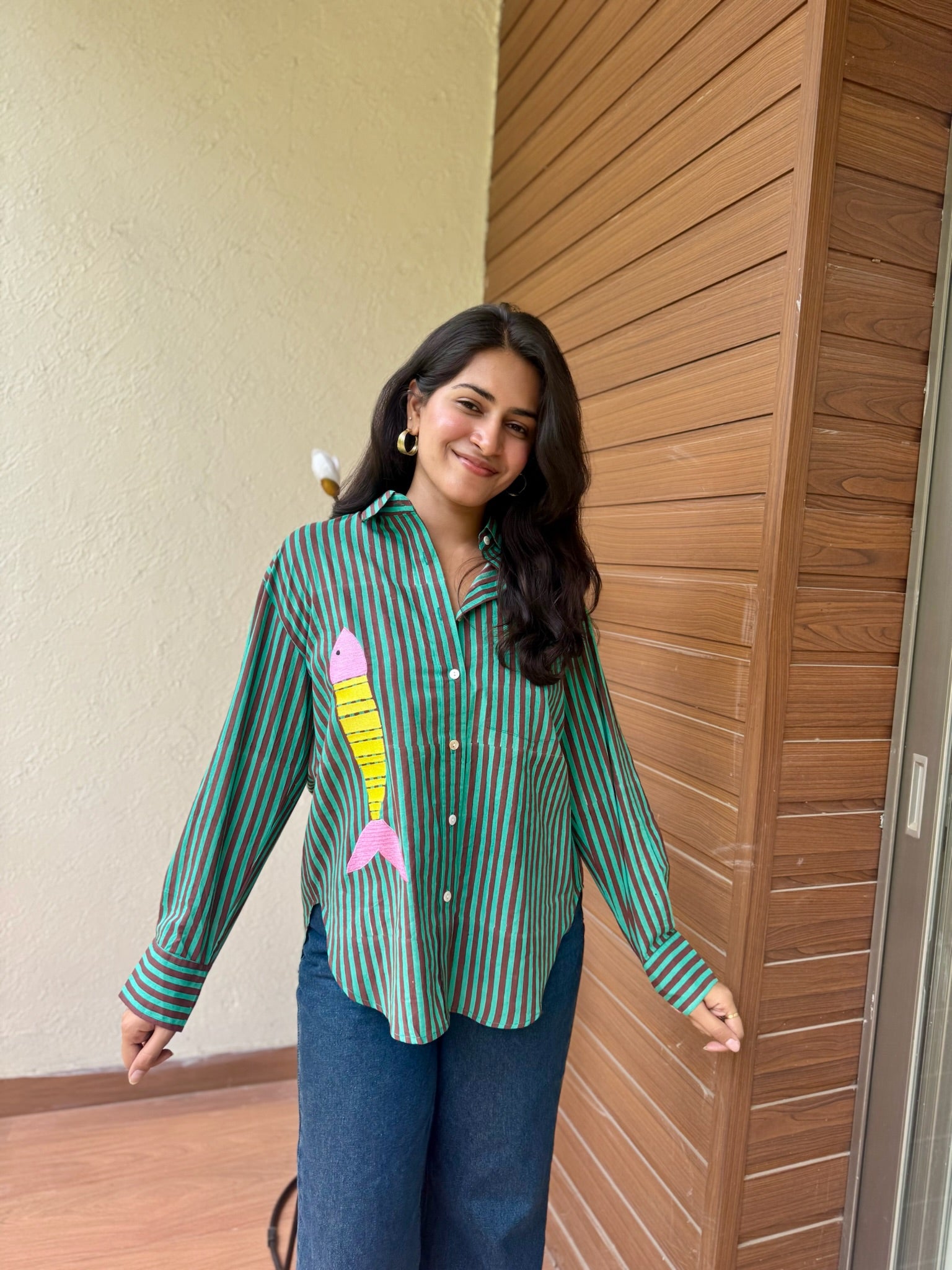 Green Yellow Contrast Fish Embroidery Shirt