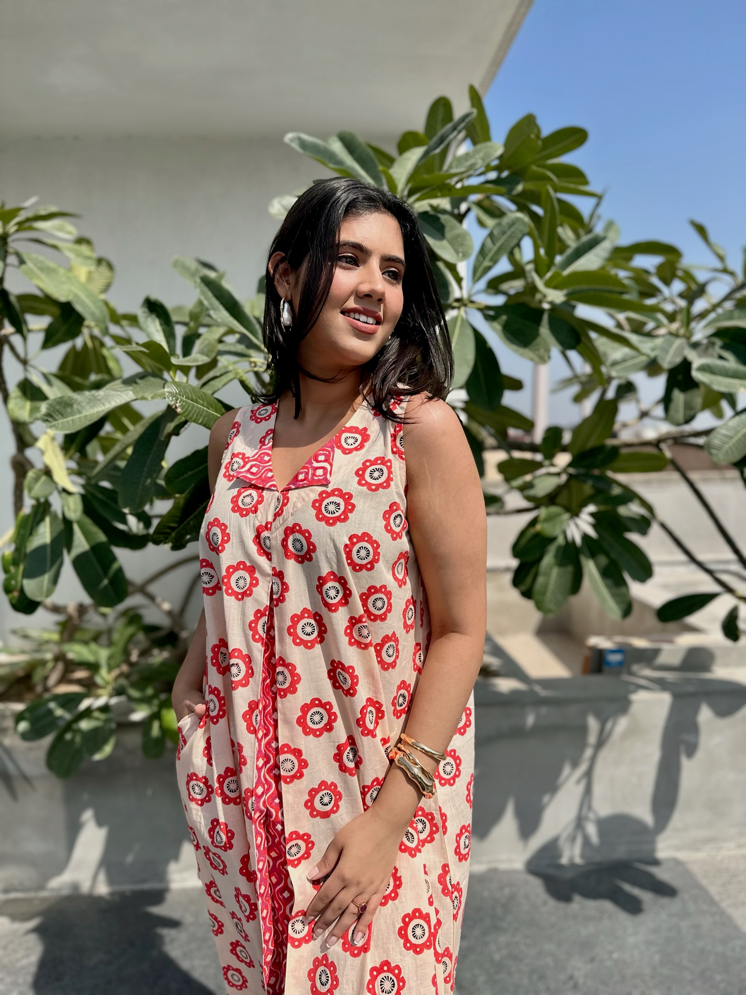 Abstract Floral Red Ivory Midi Dress