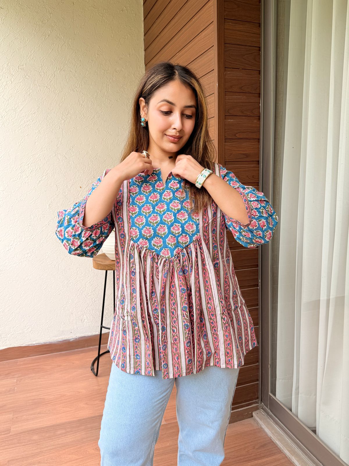Mineral Blue Gather Short Kurti