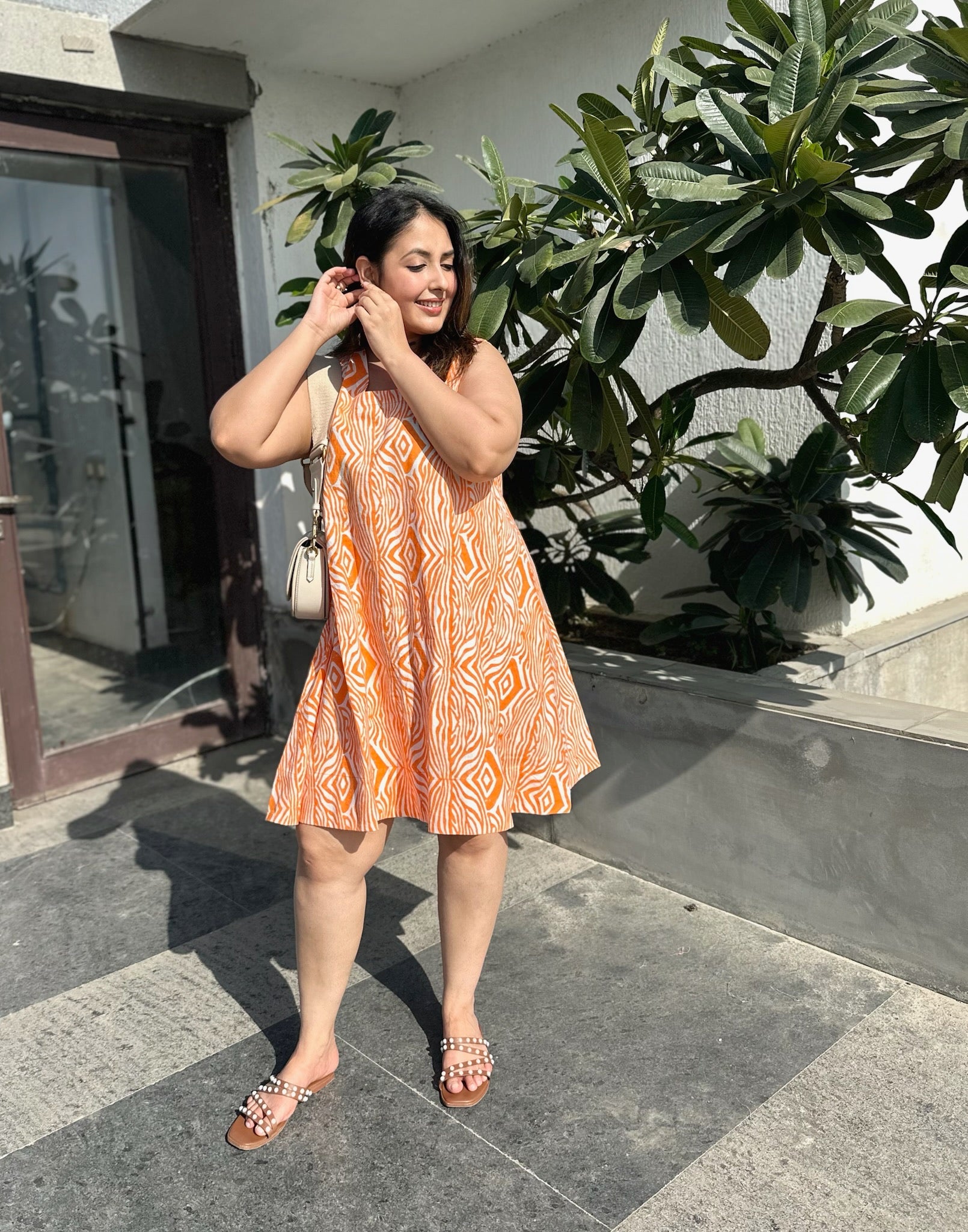Abstract Striped Orange Shift Dress