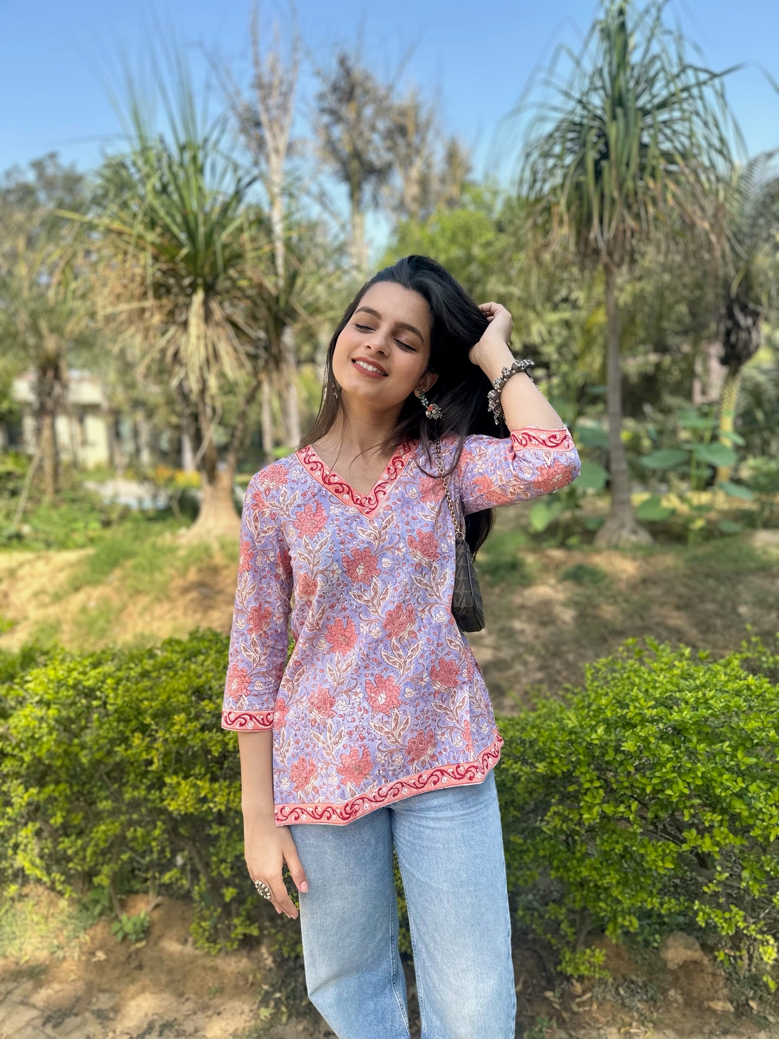 Pink Purple Floral Short Kurti