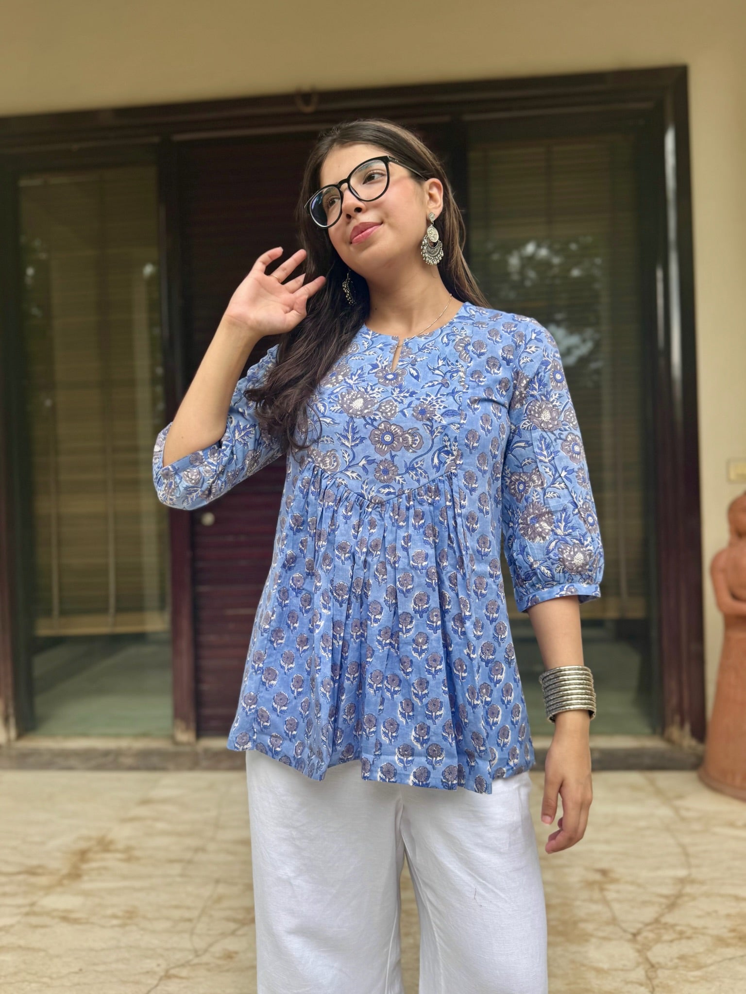 Moroccon Blue Gather Short Kurti
