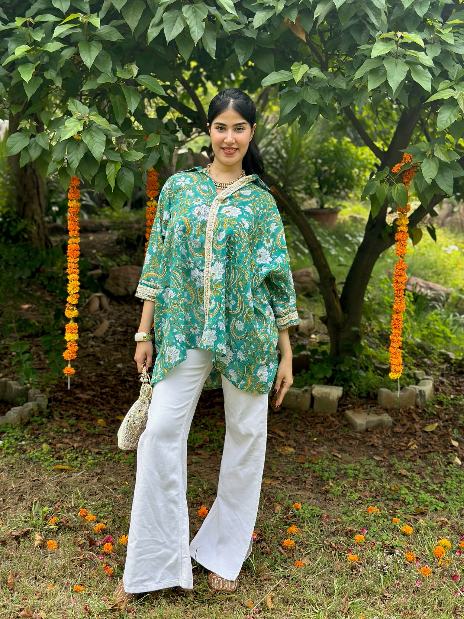Moss Flower Asymmetric Mulmul Shirt