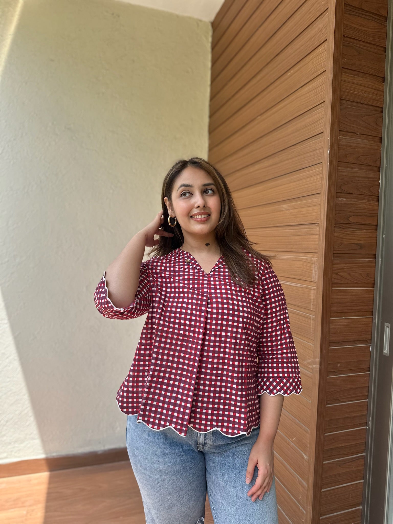Deep Red Gingham Scallop Top