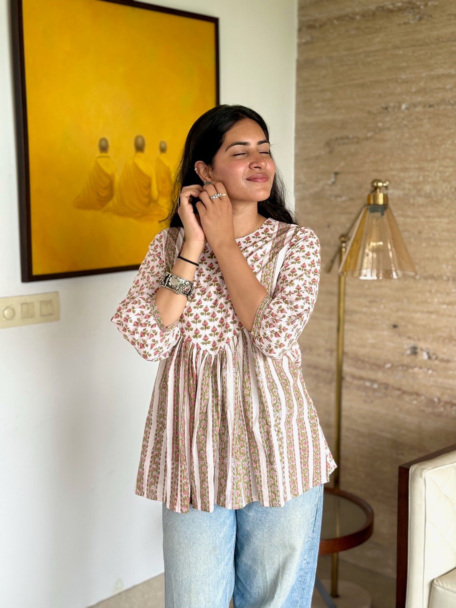 Morning Fog Rose Gather Short Kurti